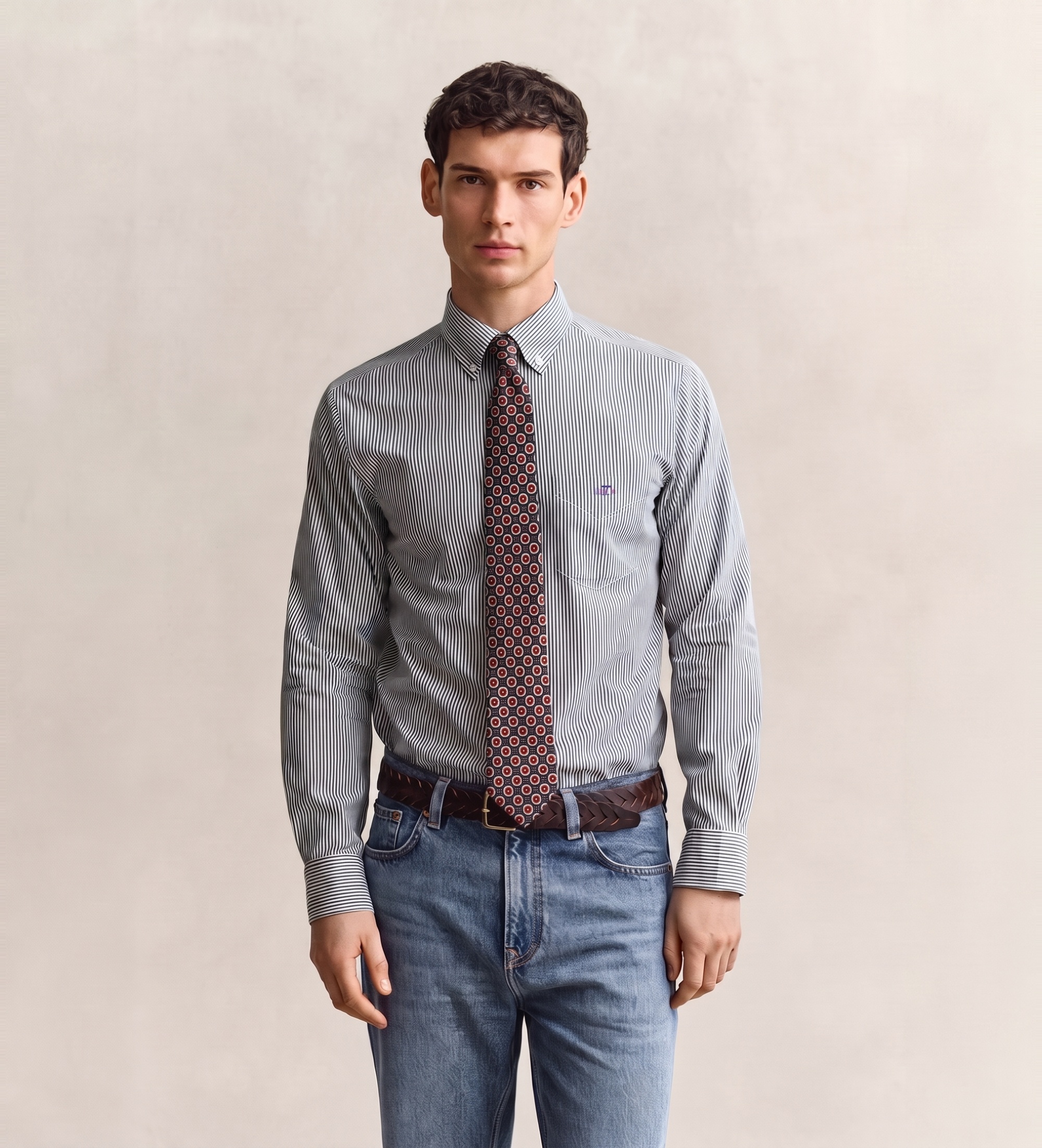 Gantvoor mannen. 3262030 Shirt met fijne groene strepen (L), Casual, Katoen, Klassiek, Lange mouwen