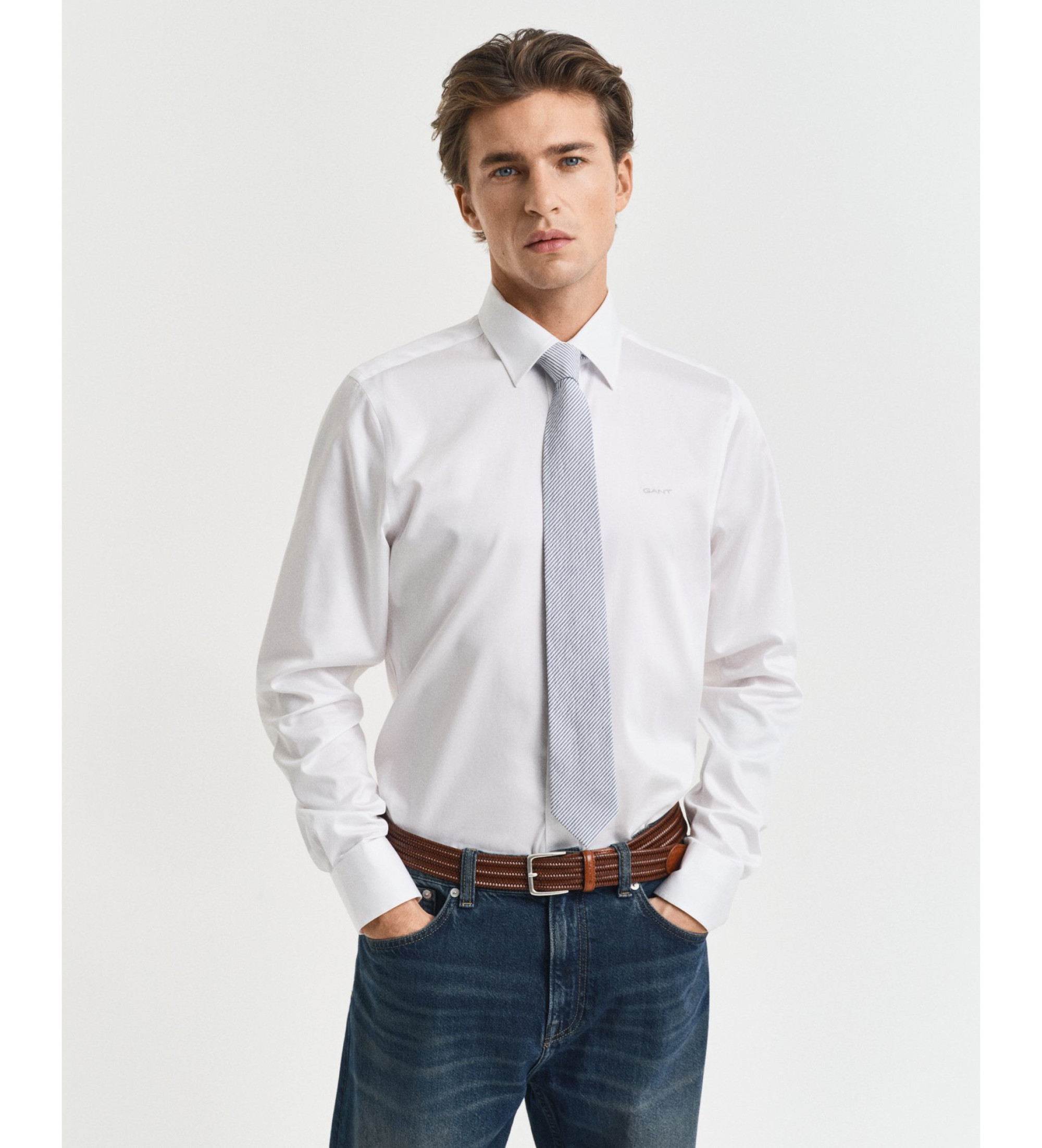 Gant für Herren. 3230300 Slim Fit Hemd aus weißem Satin (3XL), Lässig, Party, Baumwolle, Klassisch, Langarm