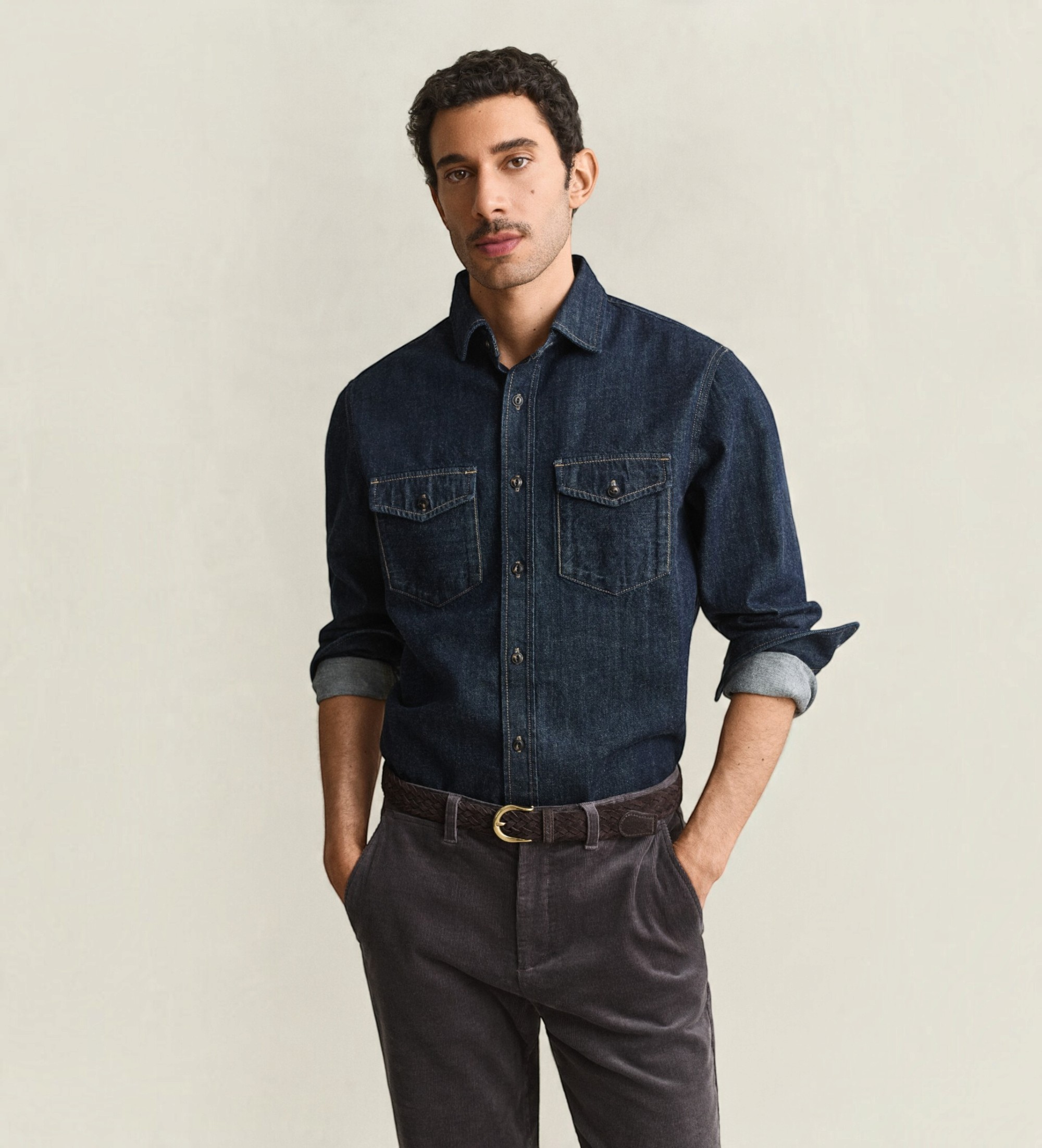 Gantvoor mannen. 3263010 Spijkerblouse met blauwe zelfkant (L), Casual, Katoen, Lange mouwen