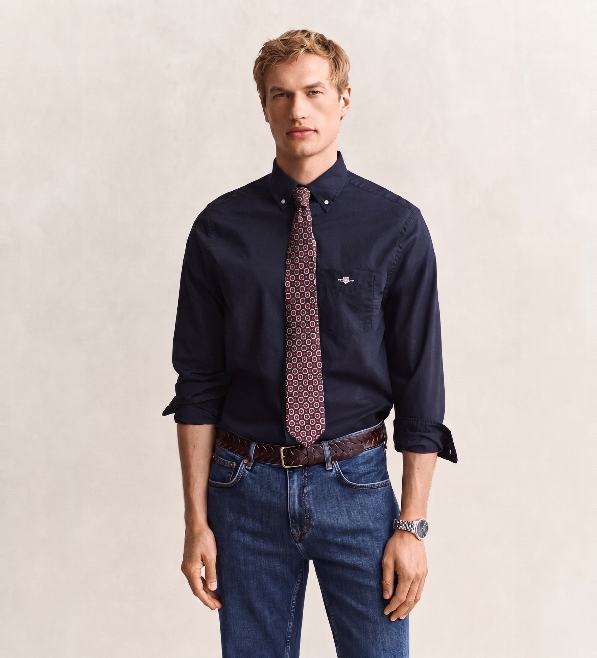 Gantvoor mannen. 3000100 Klassiek overhemd van marineblauwe popeline (M), Casual, Katoen, Lange mouwen