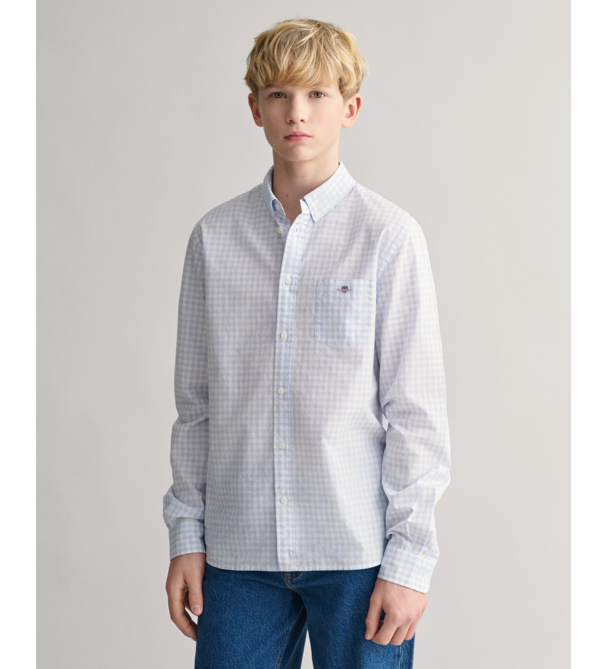 Gant für Jungen. 930483 Vichy Shield Teens blau kariertes Popeline-Hemd (9/10años= 134/140cm), Lässig, Baumwolle, Langarm, Kinderbekleidung