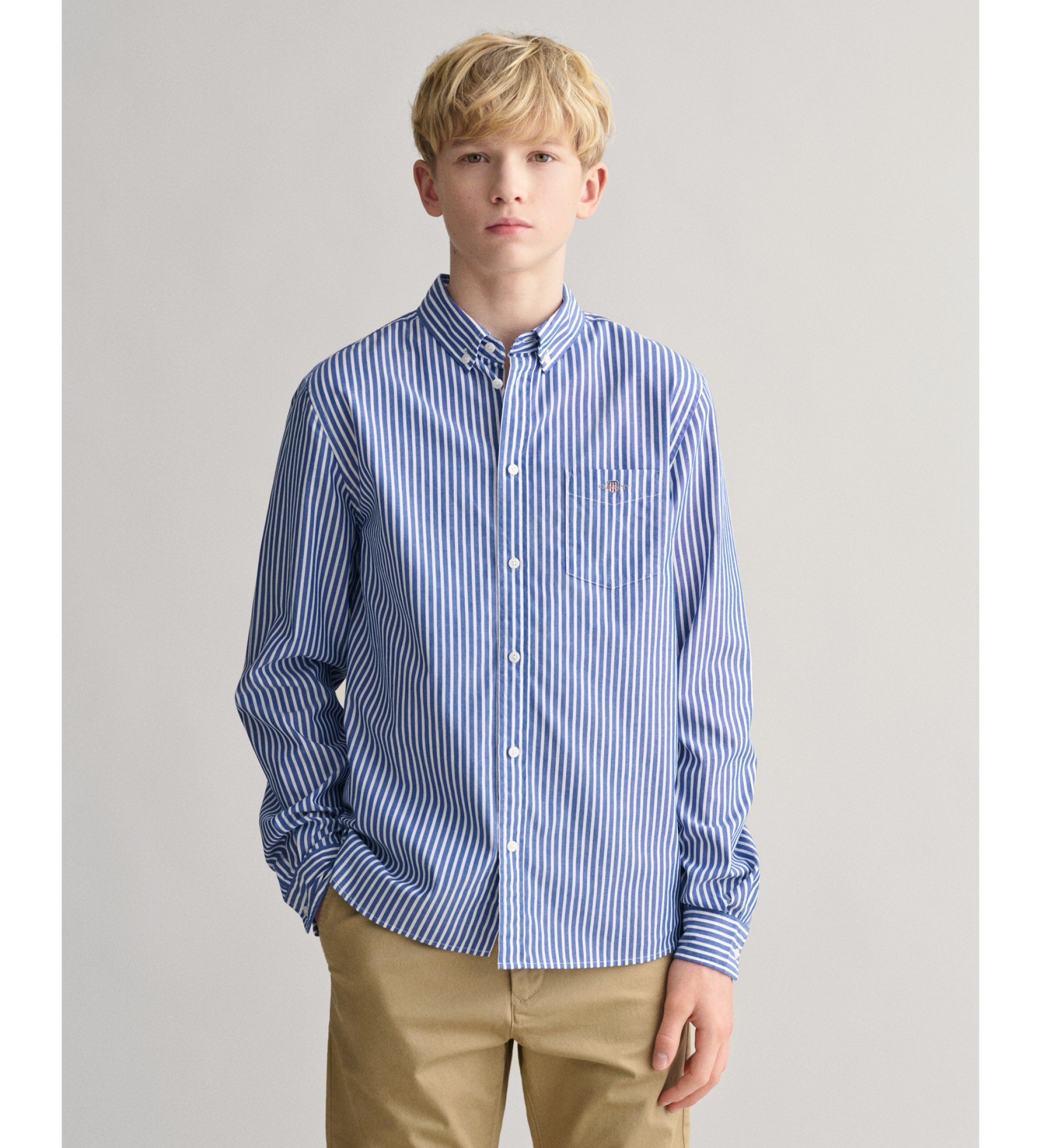 Gant für Jungen. 930484 Shield Teens gestreiftes Popeline-Hemd blau (16años= 176cm), Lässig, Baumwolle, Langarm, Kinderbekleidung