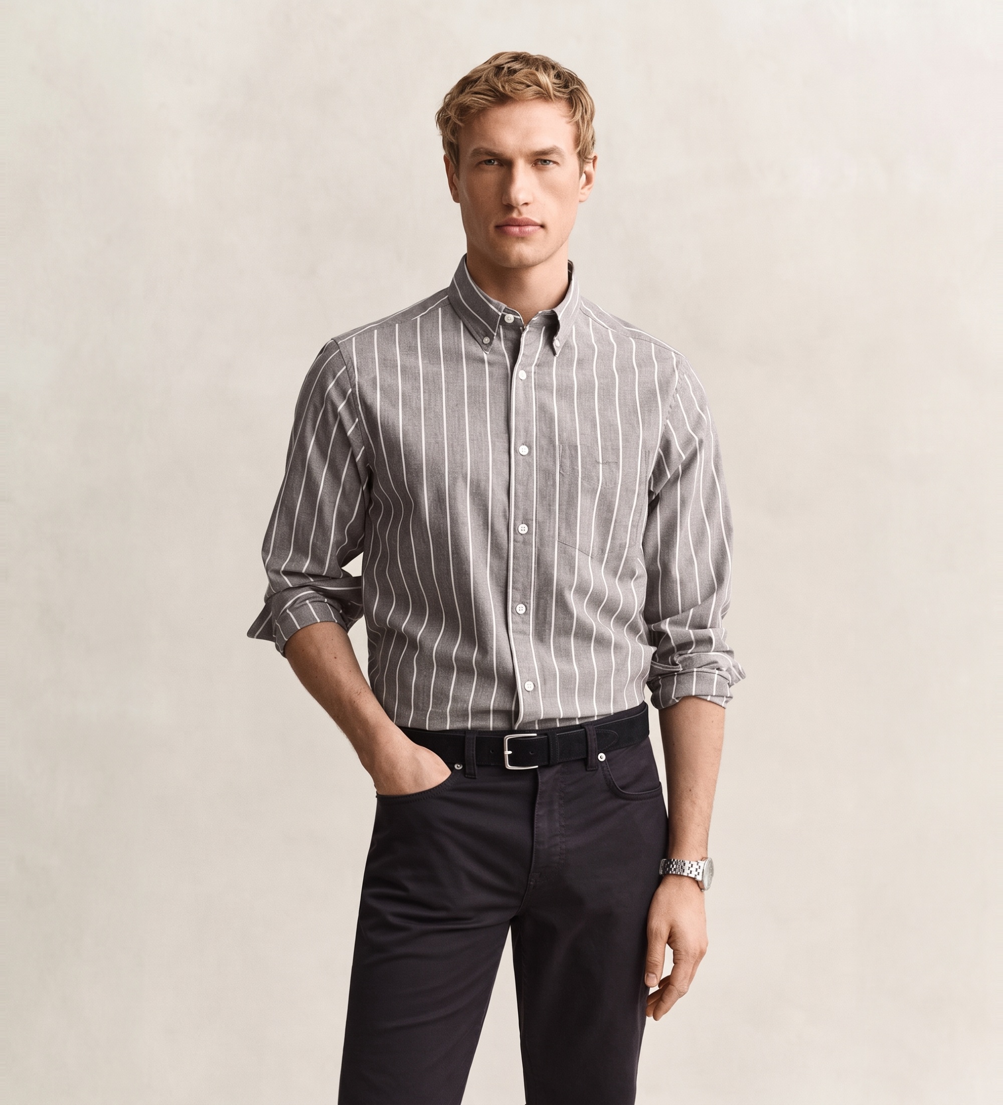 Gantvoor mannen. 3262005 Gemêleerd gestreept bruin poplin overhemd (3XL), Casual, Katoen, Klassiek, Lange mouwen