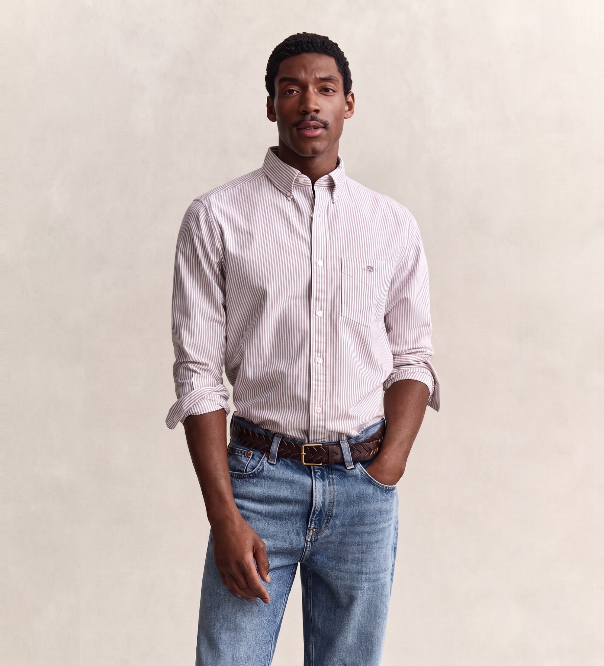 Gantvoor mannen. 3000230 Oxford overhemd regular fit met bordeauxrode strepen (S), Casual, Granaatappel, Katoen, Klassiek, Lange mouwen