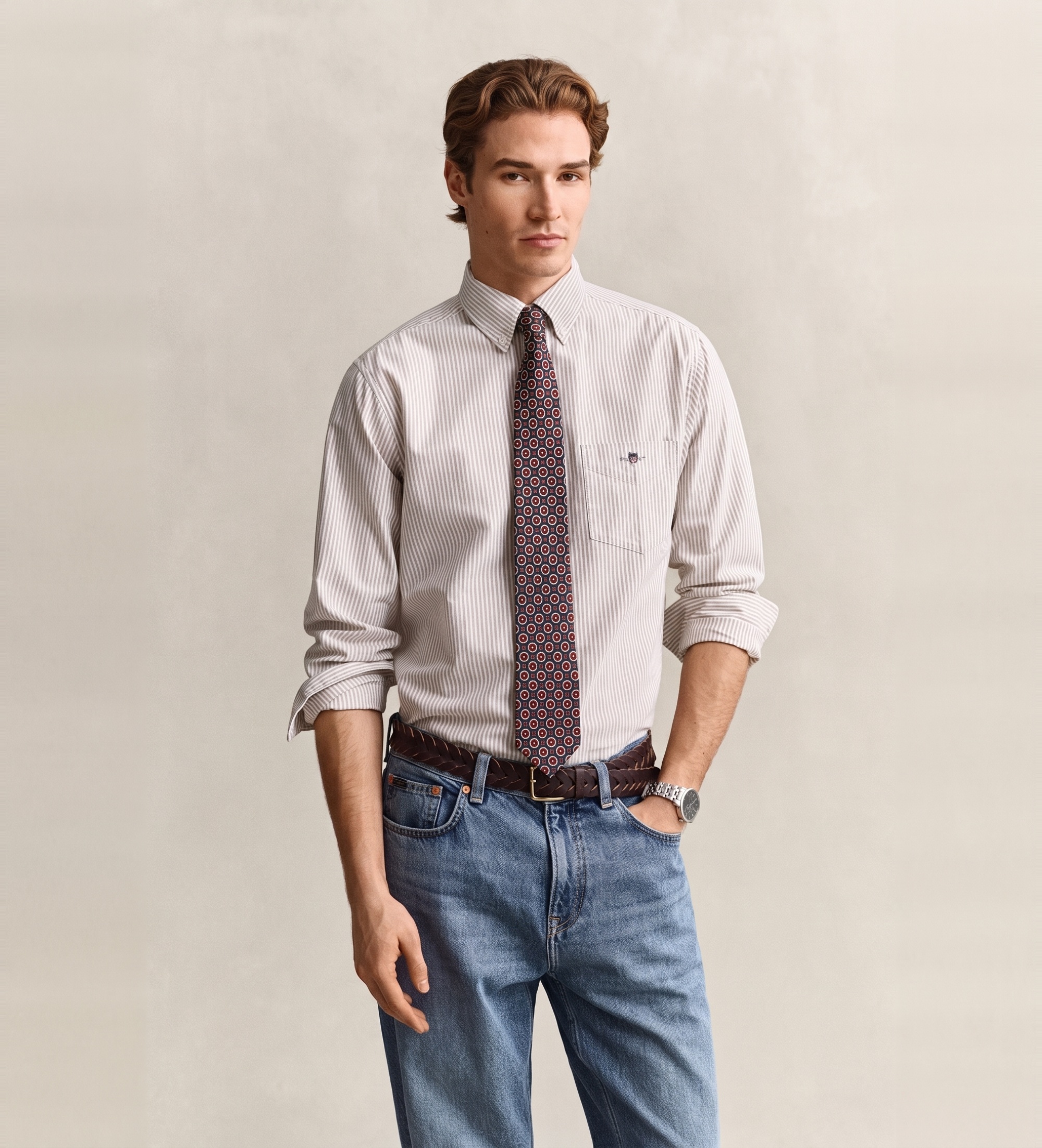 Gantvoor mannen. 3000230 Oxford overhemd Regular Fit beige strepen (XXL), Casual, Katoen, Klassiek, Lange mouwen, Taupe