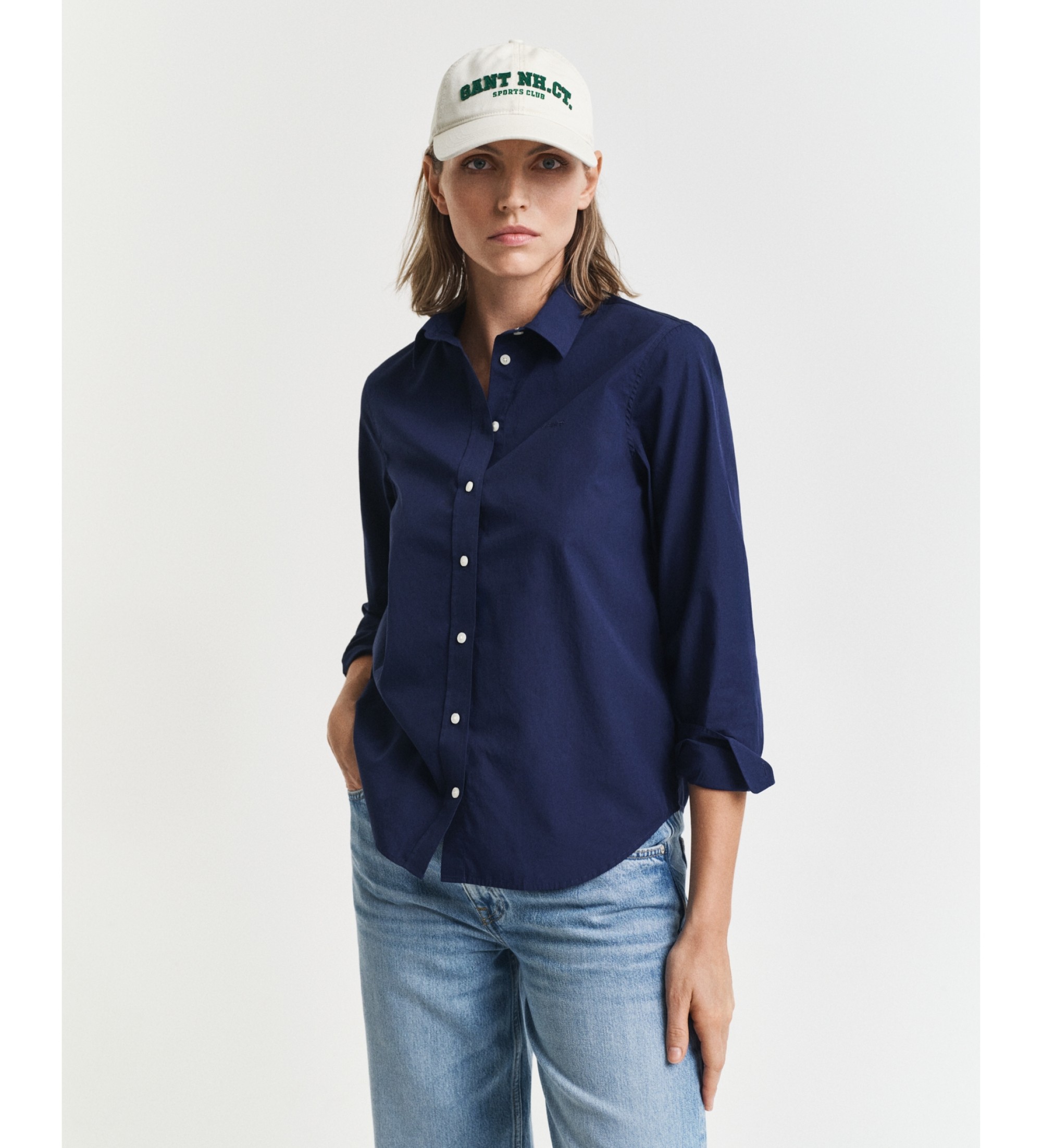 Gant für Damen. 4300348 Klassisches Regular Fit Hemd aus marineblauem Popeline (40), Lässig, Baumwolle, Langarm