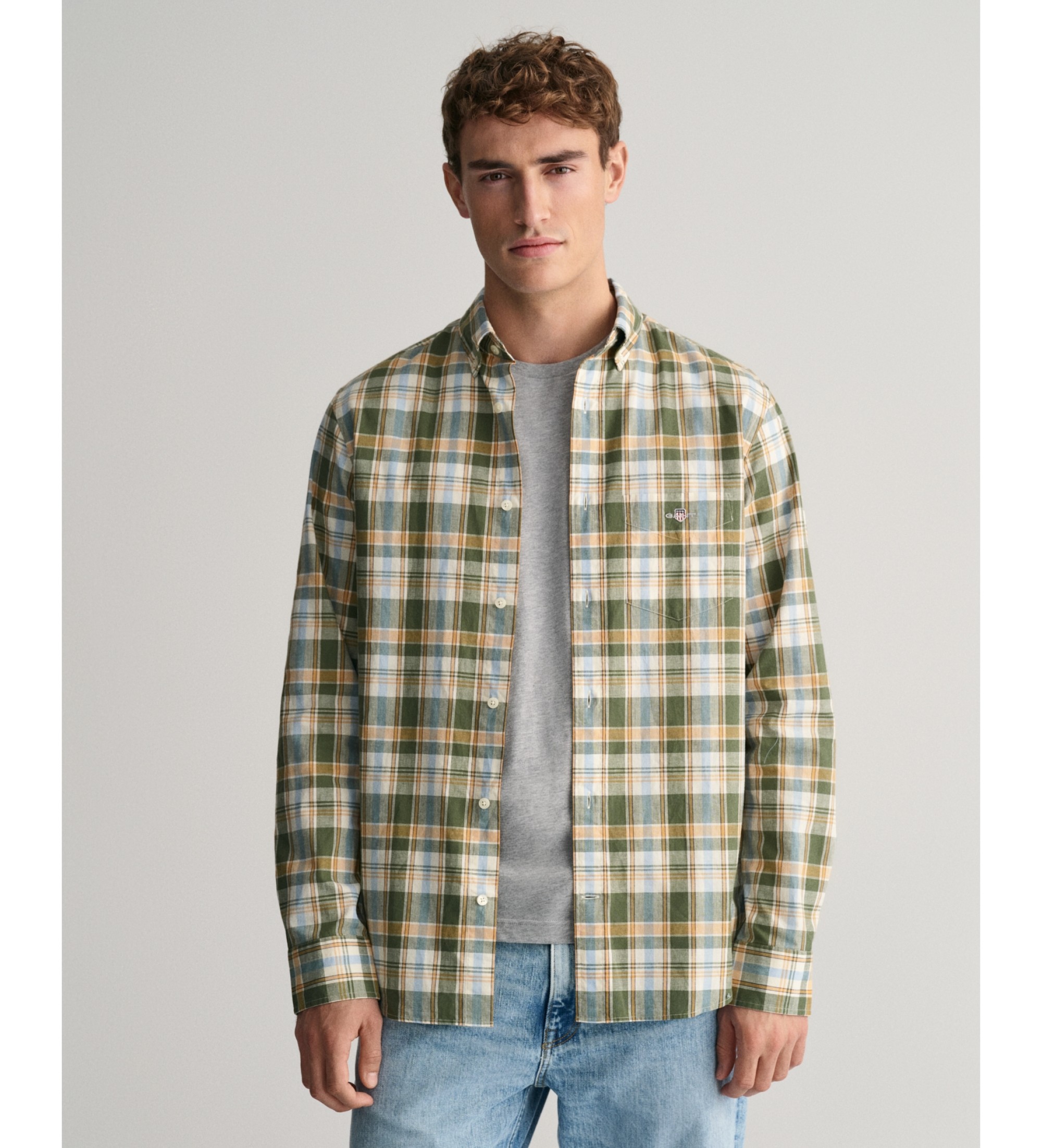 Gant für Herren. 3240062 Regular Fit Hemd aus Leinen und Baumwolle mit grünem Karo (S), Lässig, Langarm