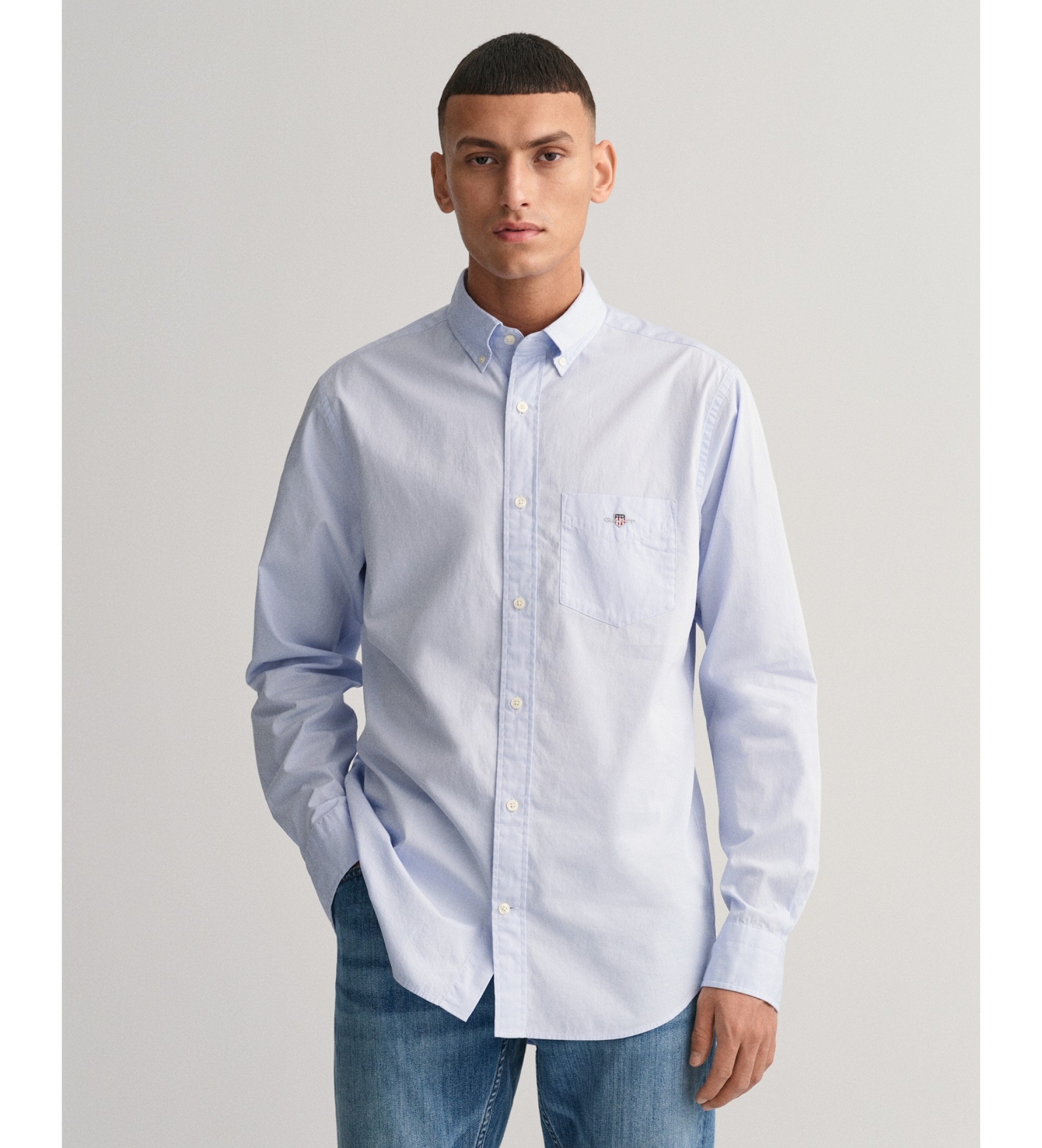 Gantvoor mannen. 3000100 Regular Fit blauw poplin overhemd (M), Casual, Katoen, Klassiek, Lange mouwen