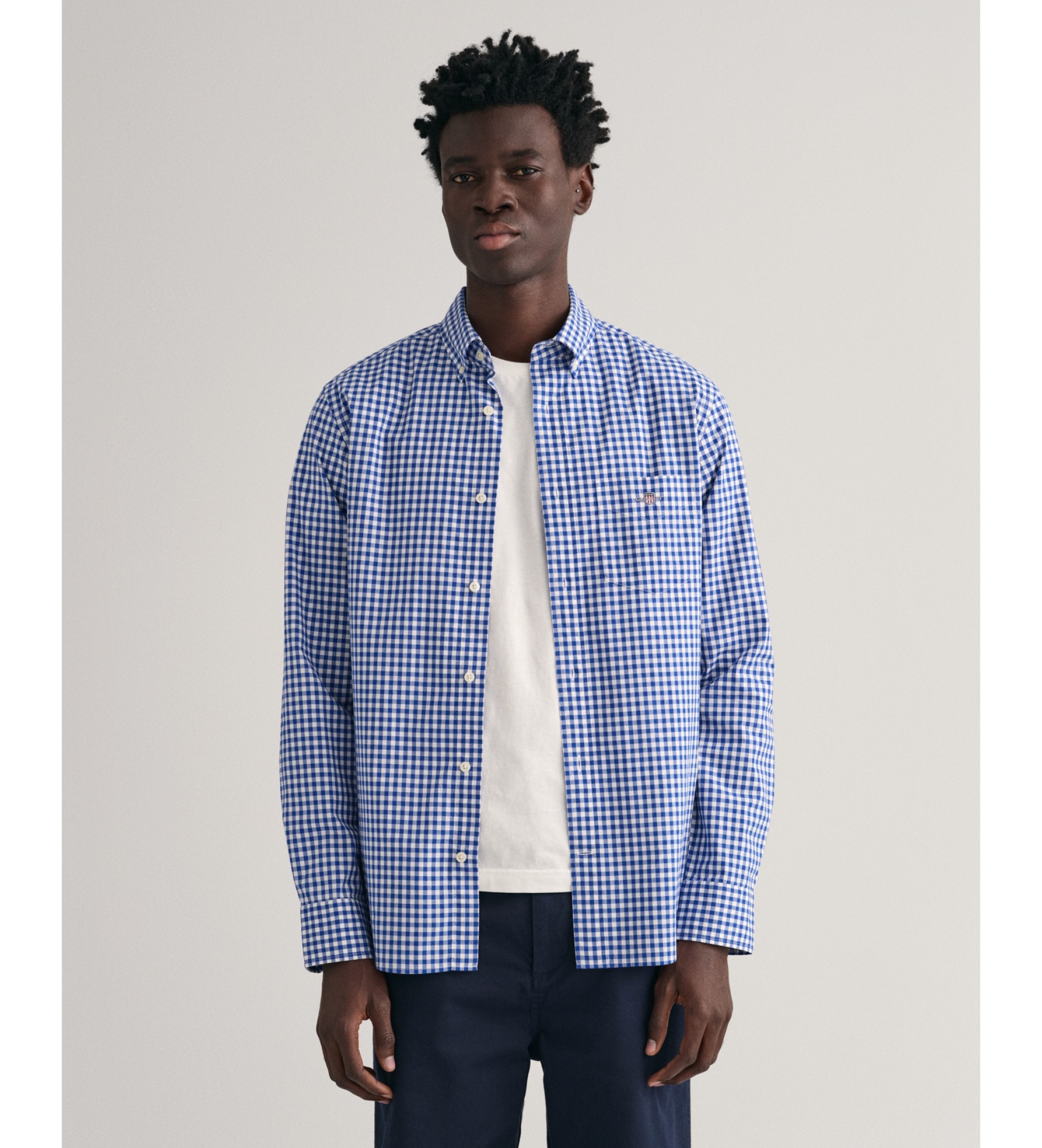 Gant für Herren. 3000120 Hemd Regular Fit aus blau karierter Popeline von Vichy (S), Lässig, Baumwolle, Klassisch, Langarm