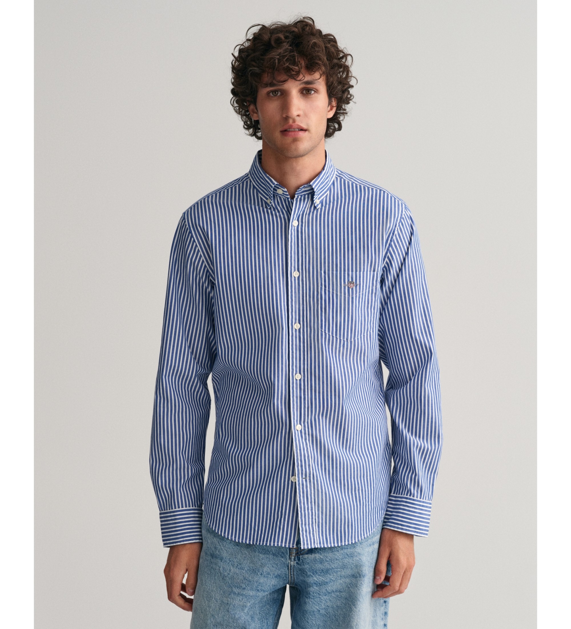 Gant für Herren. 3000130 Blau gestreiftes Popeline-Hemd Regular Fit (M), Lässig, Baumwolle, Klassisch, Langarm