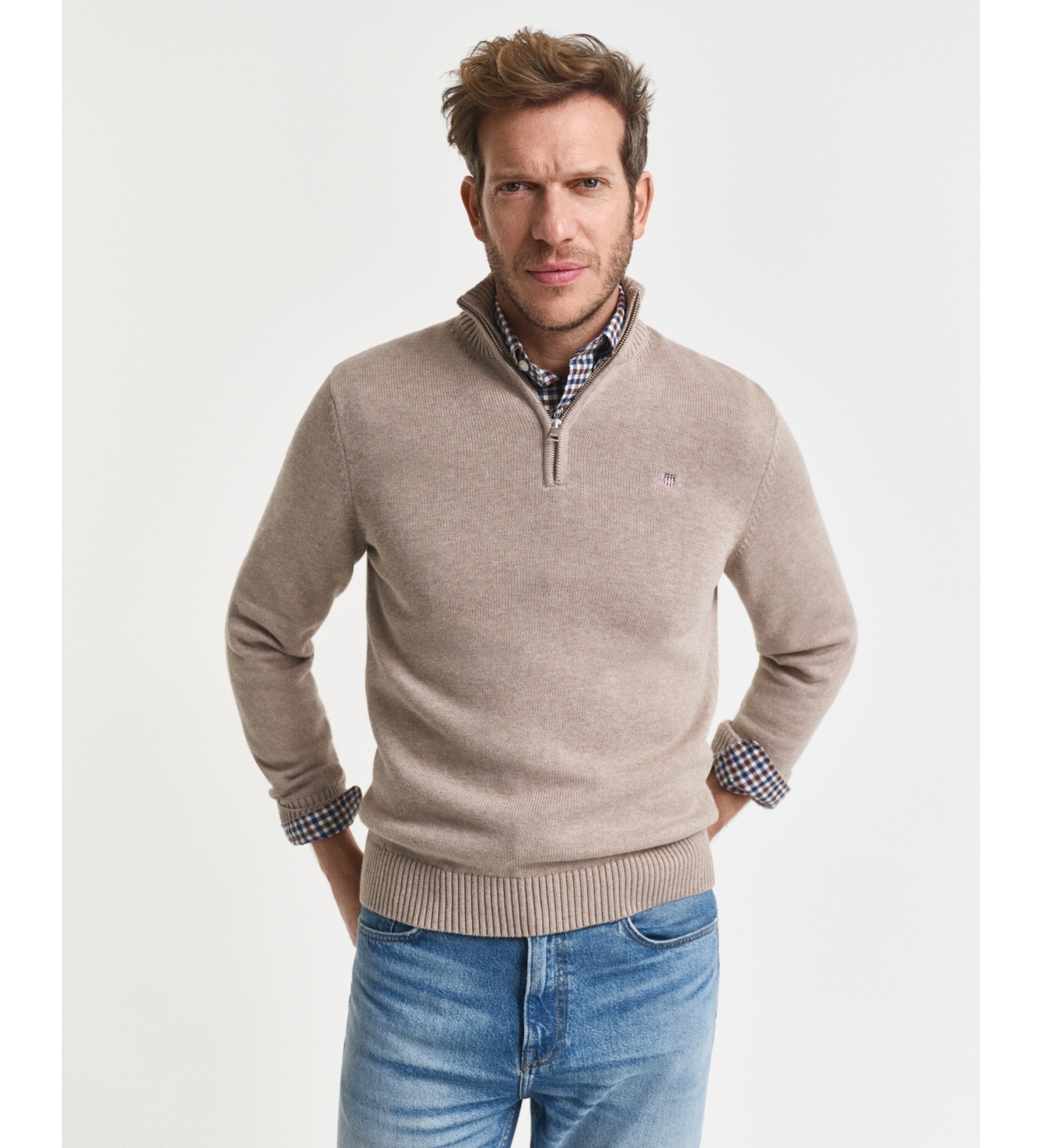 Gant für Herren. 8030170 Baumwollpullover mit kurzem Reißverschluss Casual beige (XL), Lässig, Baumwolle