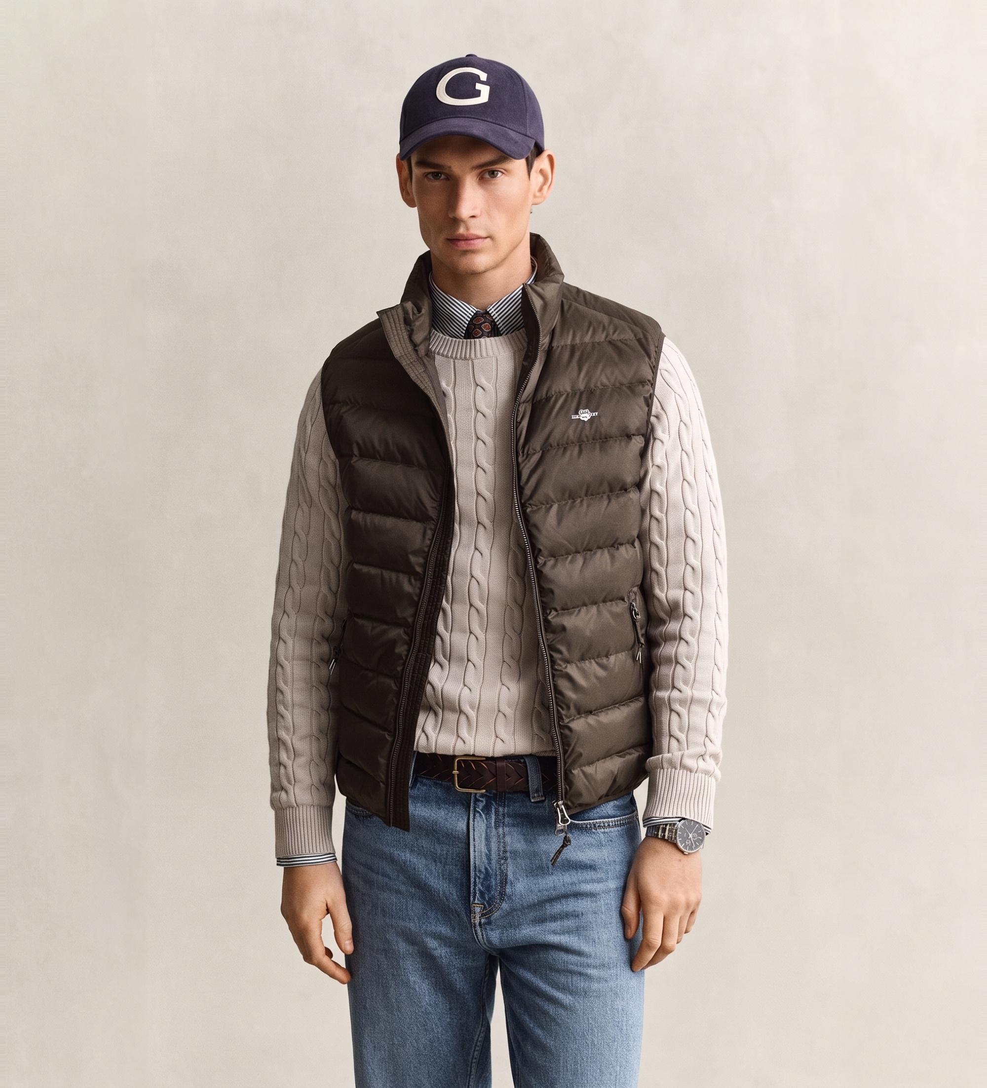 Gantvoor mannen. 7006637 Bruin lichtgewicht donsvest (L), Casual, Gerecycled polyester