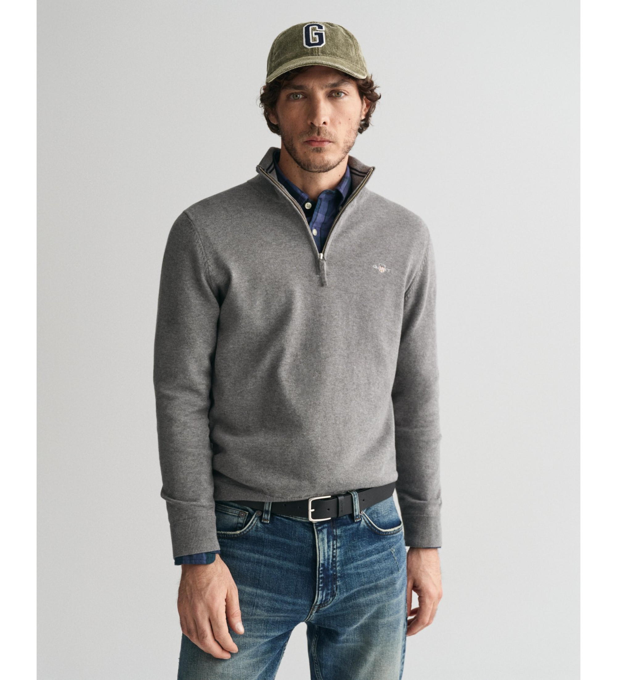 Gant für Herren. 8030564 Klassischer Baumwollpulli mit grauem halben Reißverschluss (S), Lässig, Baumwolle