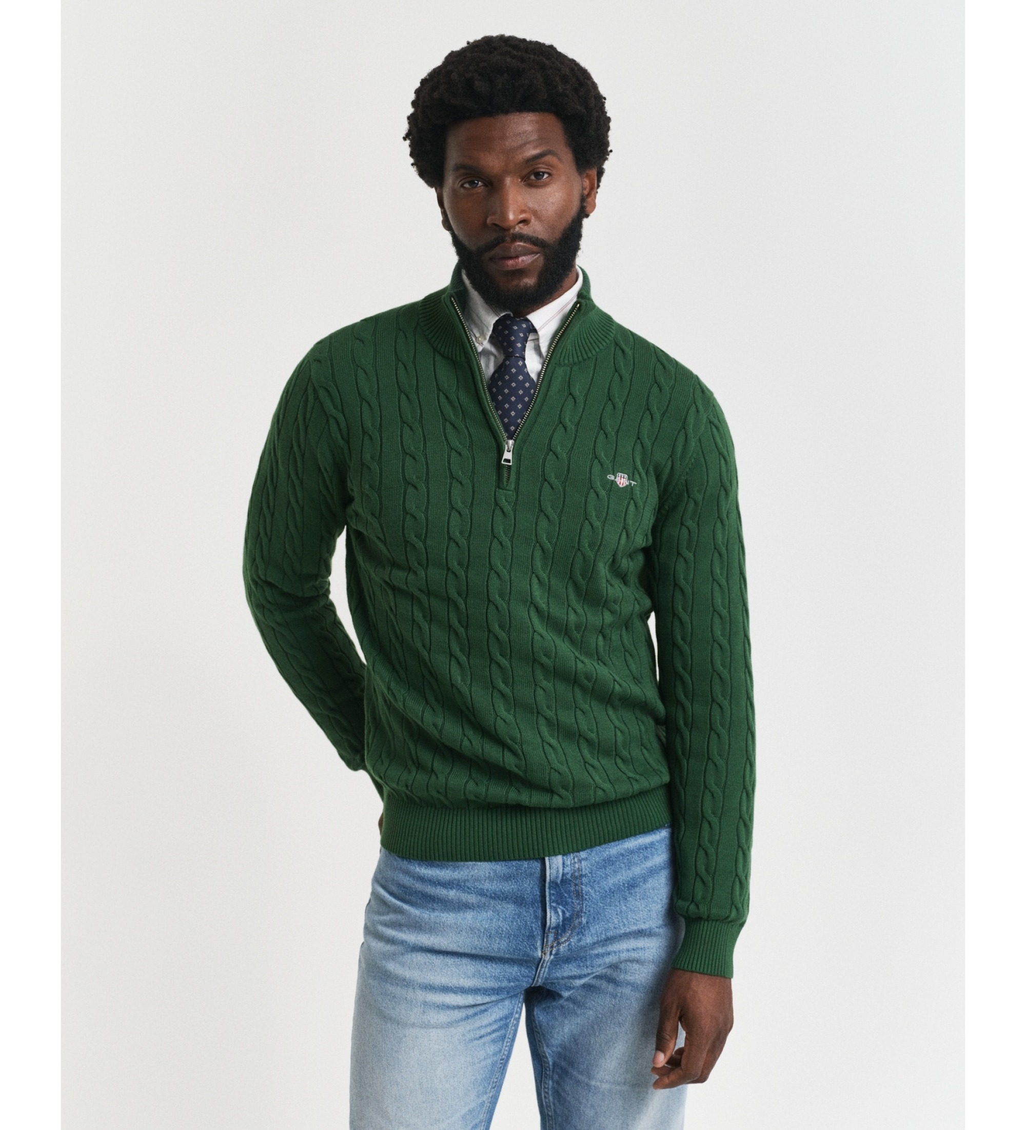 Gant für Herren. 8050603 Grüner Zopfmuster-Pullover mit halbem Reißverschluss (M), Lässig, Baumwolle