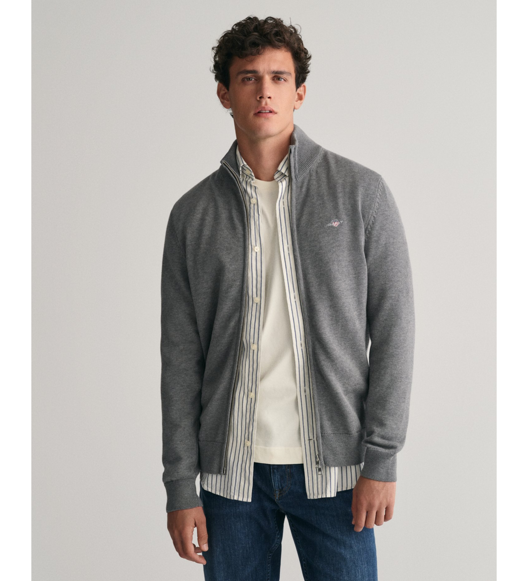 Gant für Herren. 8030164 Lässige Baumwoll-Strickjacke mit grauem Reißverschluss (S), Baumwolle, Langarm