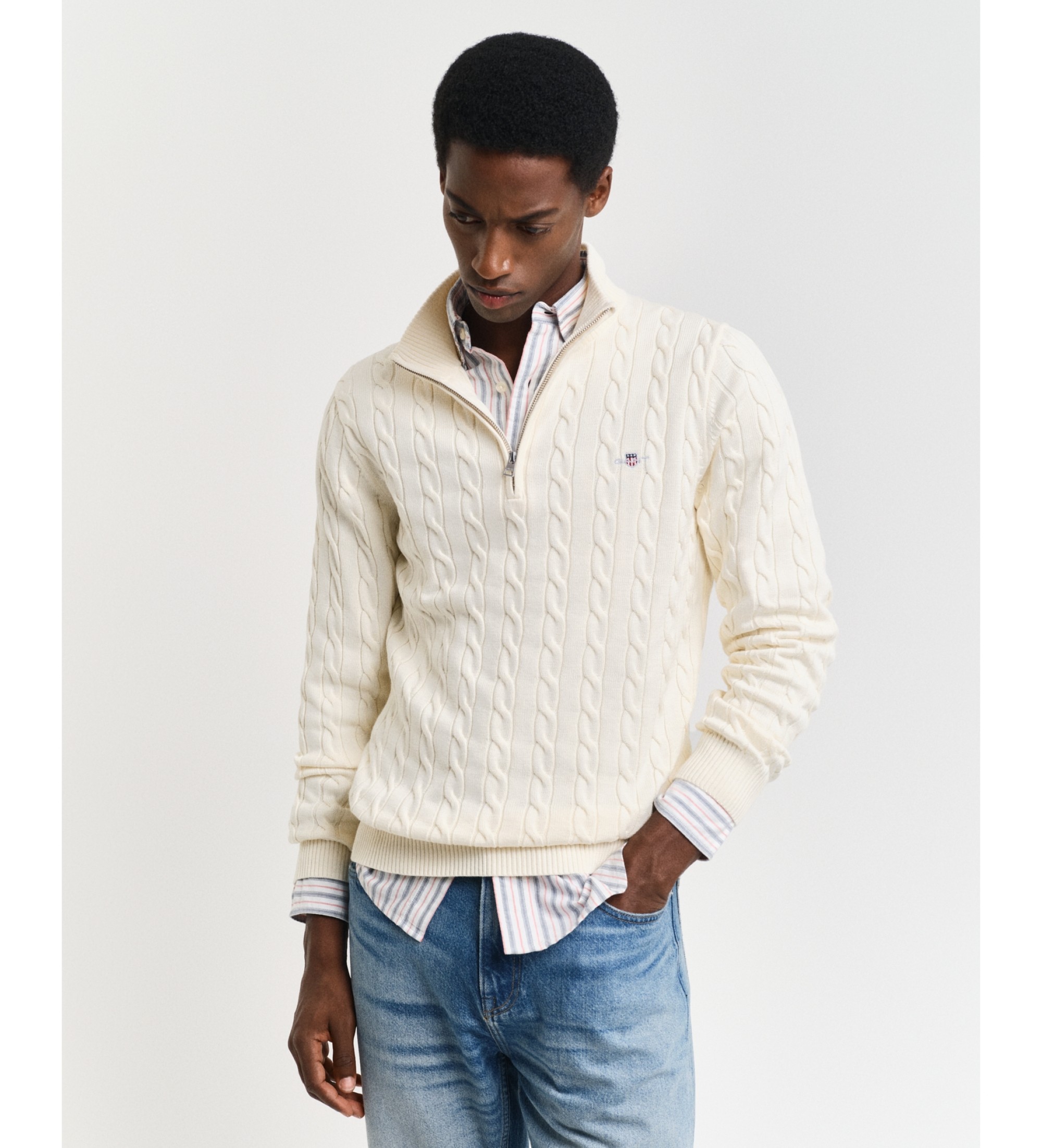 Gant für Herren. 8050603 Beigefarbener Pullover mit halbem Reißverschluss (M), Lässig, Baumwolle