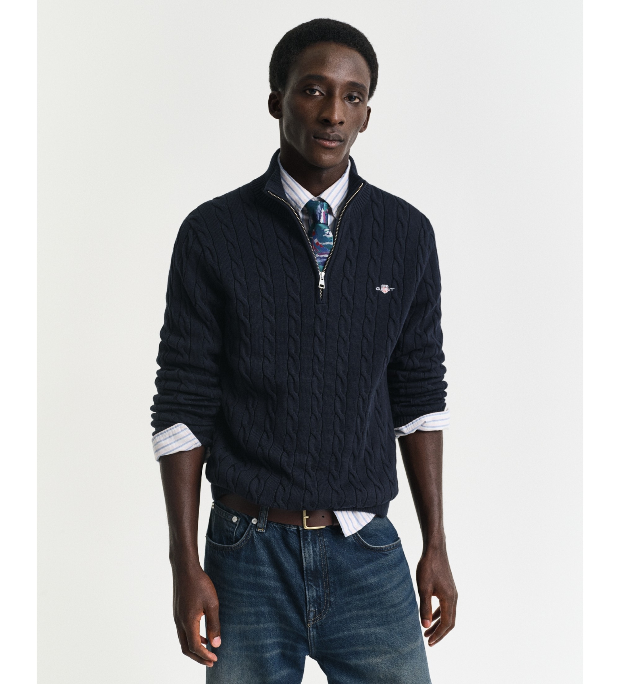 Gant für Herren. 8050603 Marineblauer Pullover mit halbem Reißverschluss (L), Lässig, Baumwolle