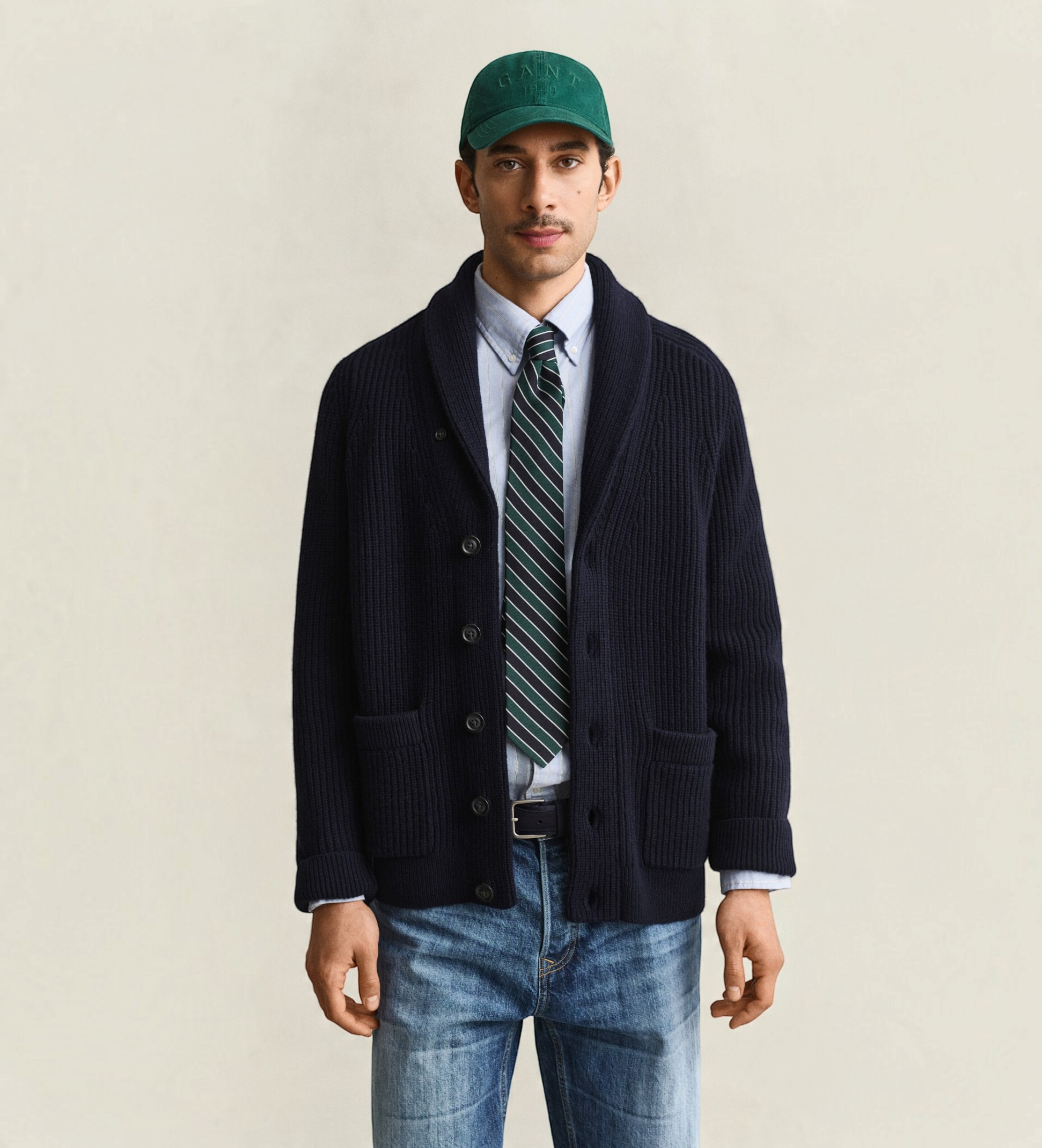 Gantvoor mannen. 8050331 Marineblauw geribbeld vest (L), Casual, Katoen, Klassiek