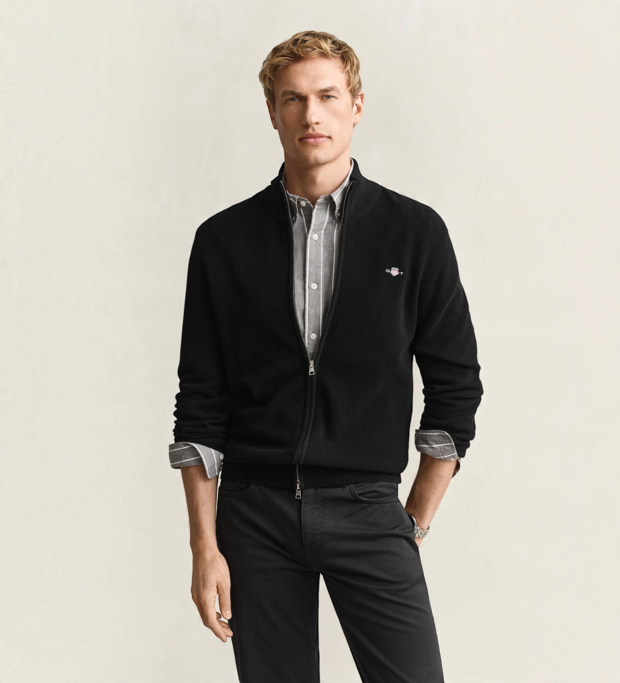 Gantvoor mannen. 8030293 Zwart katoenen vest met rits en structuur (M), Casual, Klassiek, Biologisch katoen