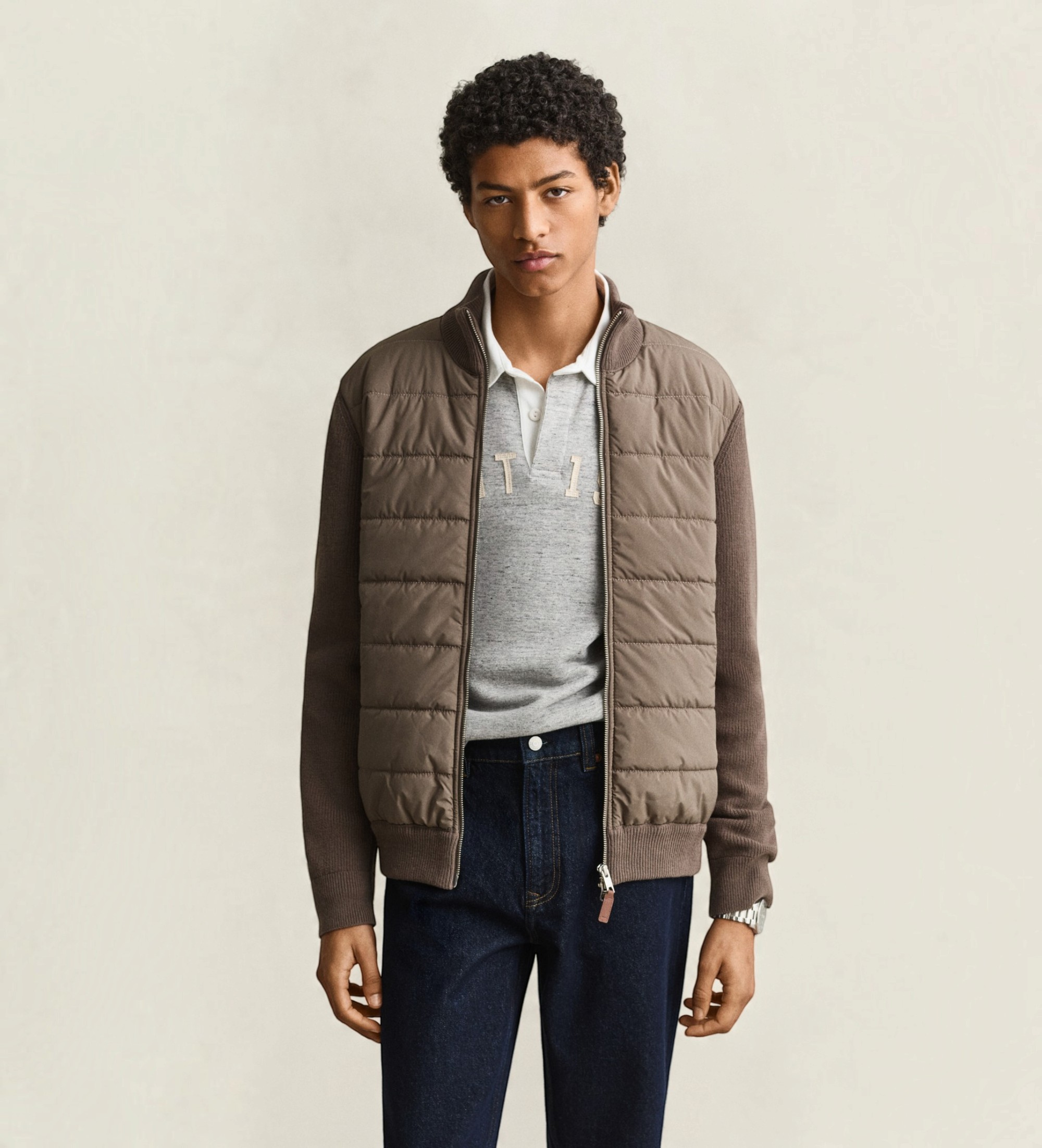 Gantvoor mannen. 8030308 Hybride vest met rits, taupe (L), Casual, Wol