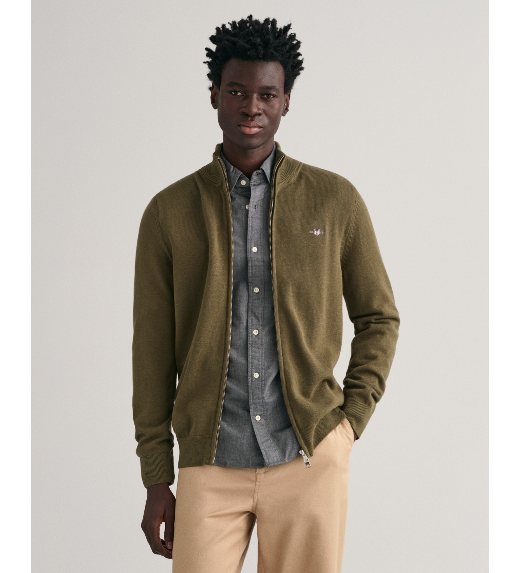 Gant für Herren. 8030164 Strickjacke mit Reißverschluss Lässig grün (L), Baumwolle, Langarm