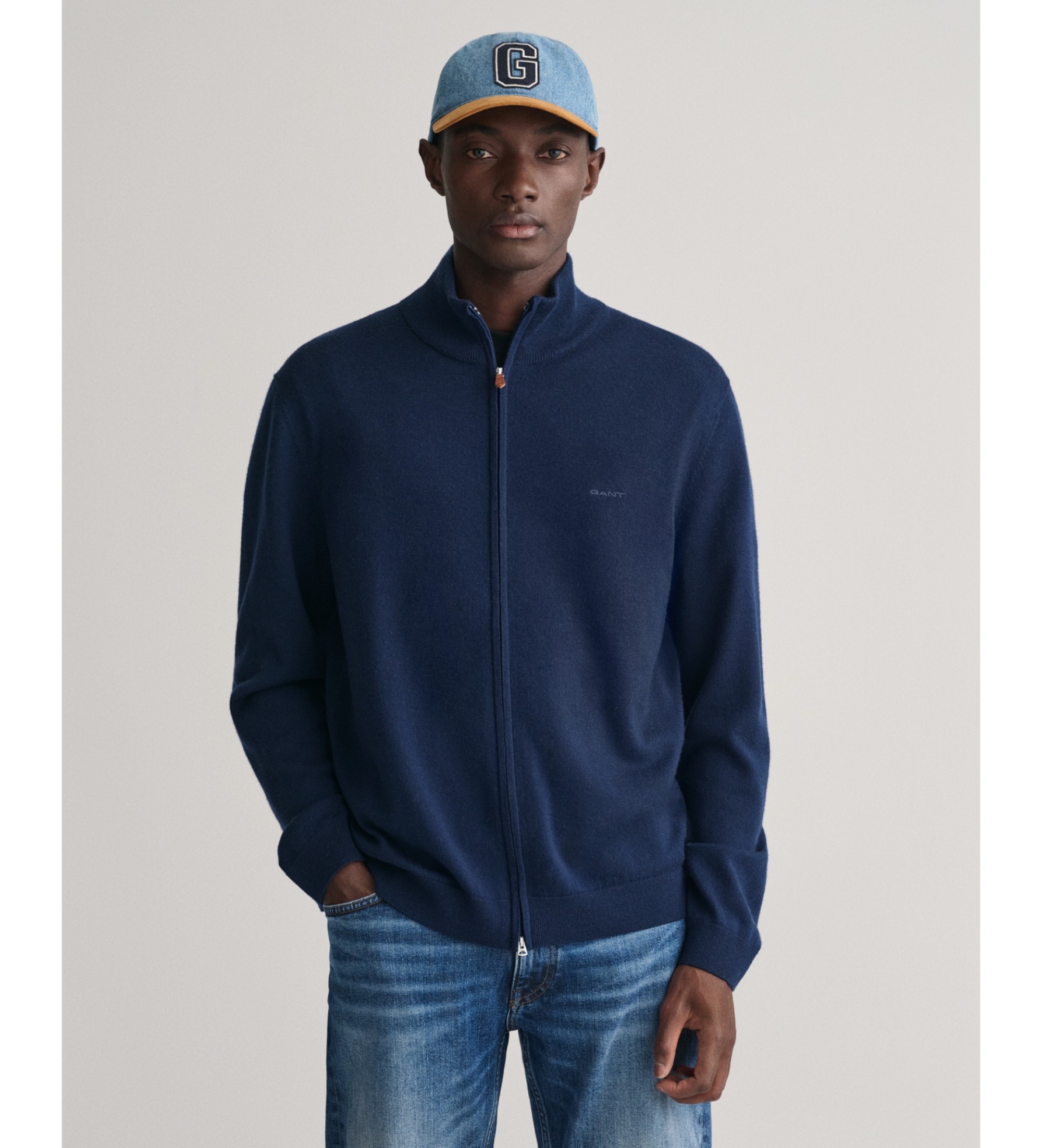 Gant für Herren. 8050208 Strickjacke mit Reißverschluss aus extrafeiner Merinowolle in navy (S), Lässig, Langarm, Marine