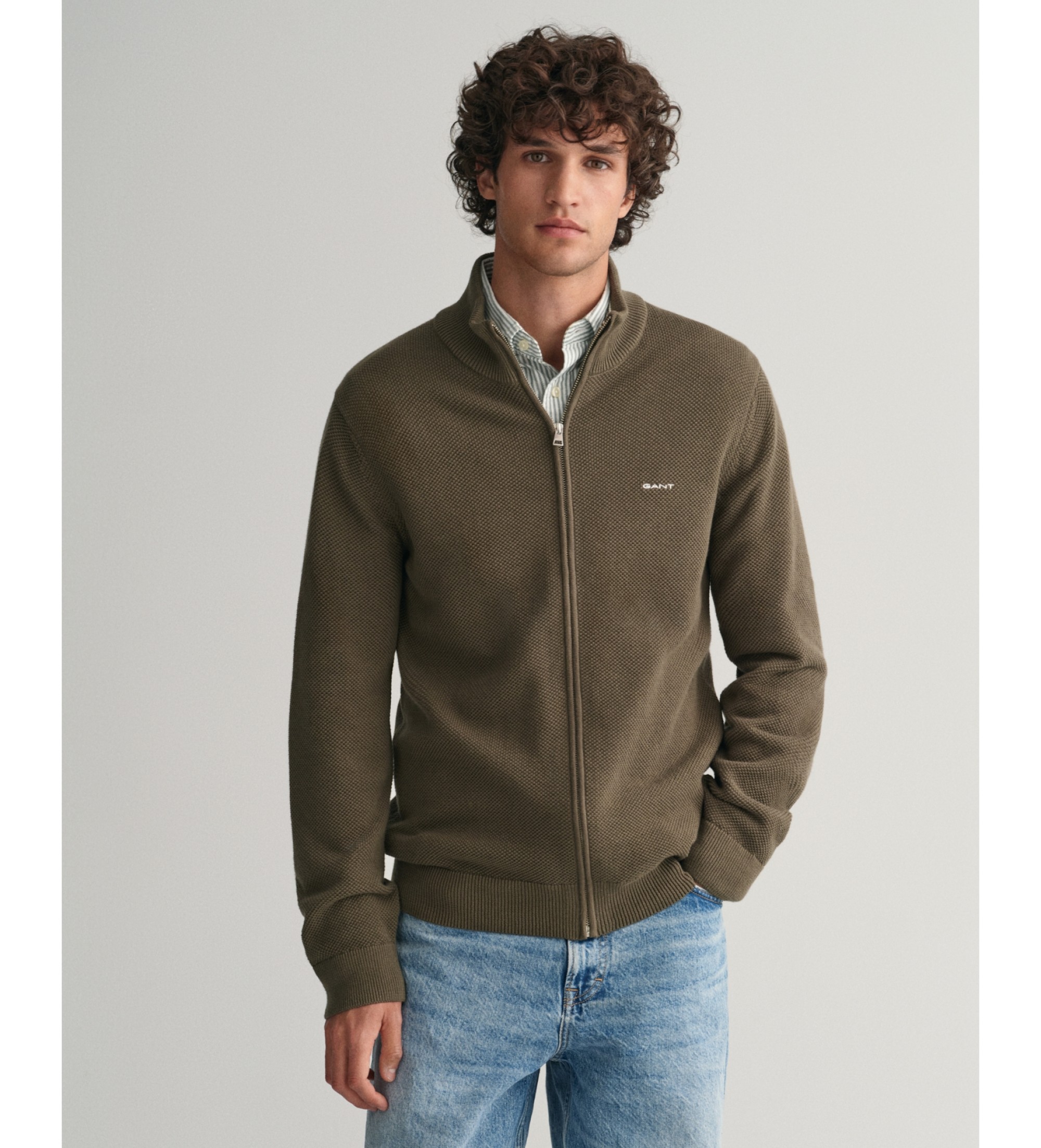 Gant für Herren. 8040524 Strickjacke aus Baumwollpikee mit grünem Reißverschluss (S), Lässig, Baumwolle, Langarm