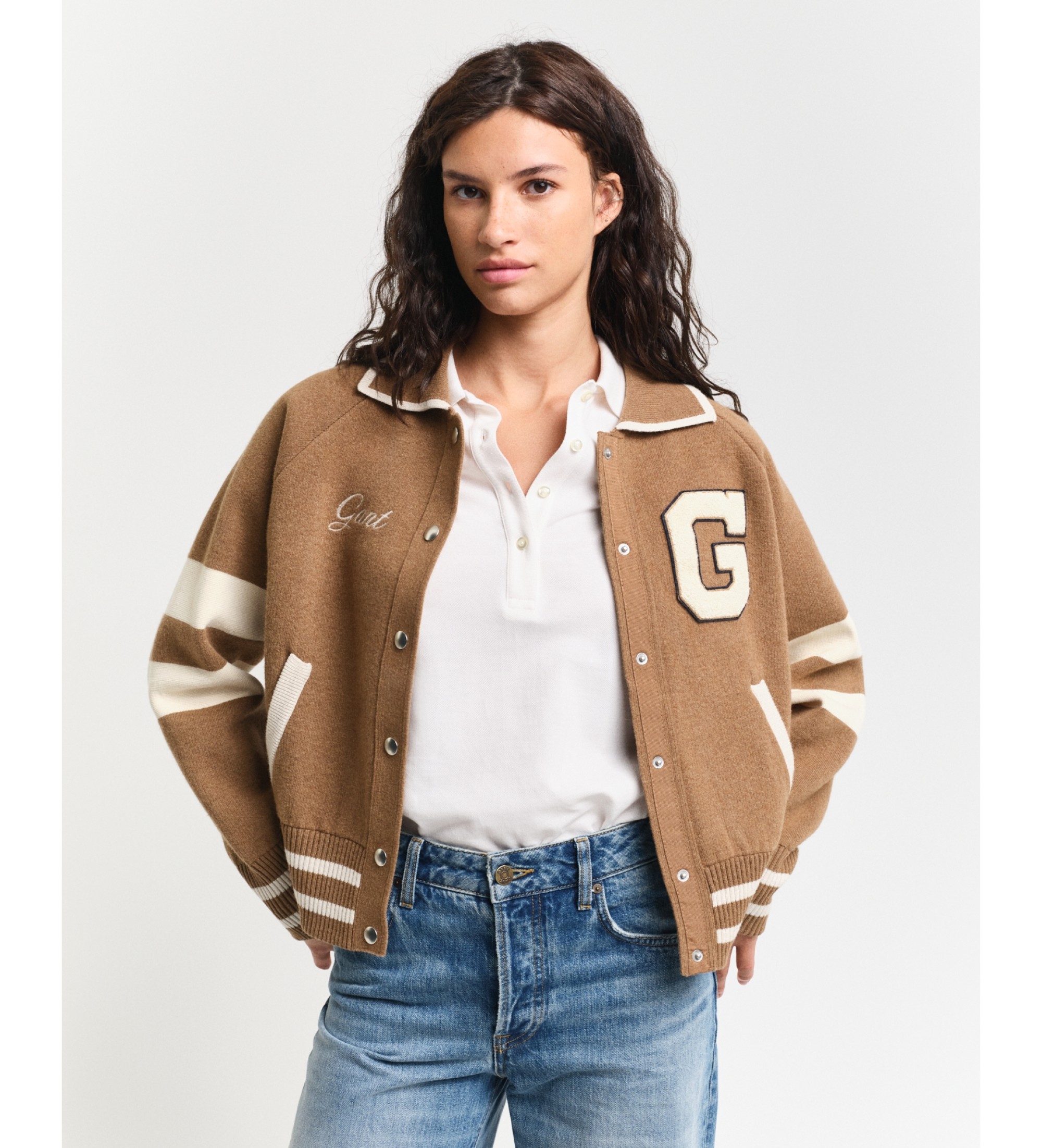 Gant für Damen. 4805301 Braune Varsity-Strickjacke (L), Lässig, Baumwolle