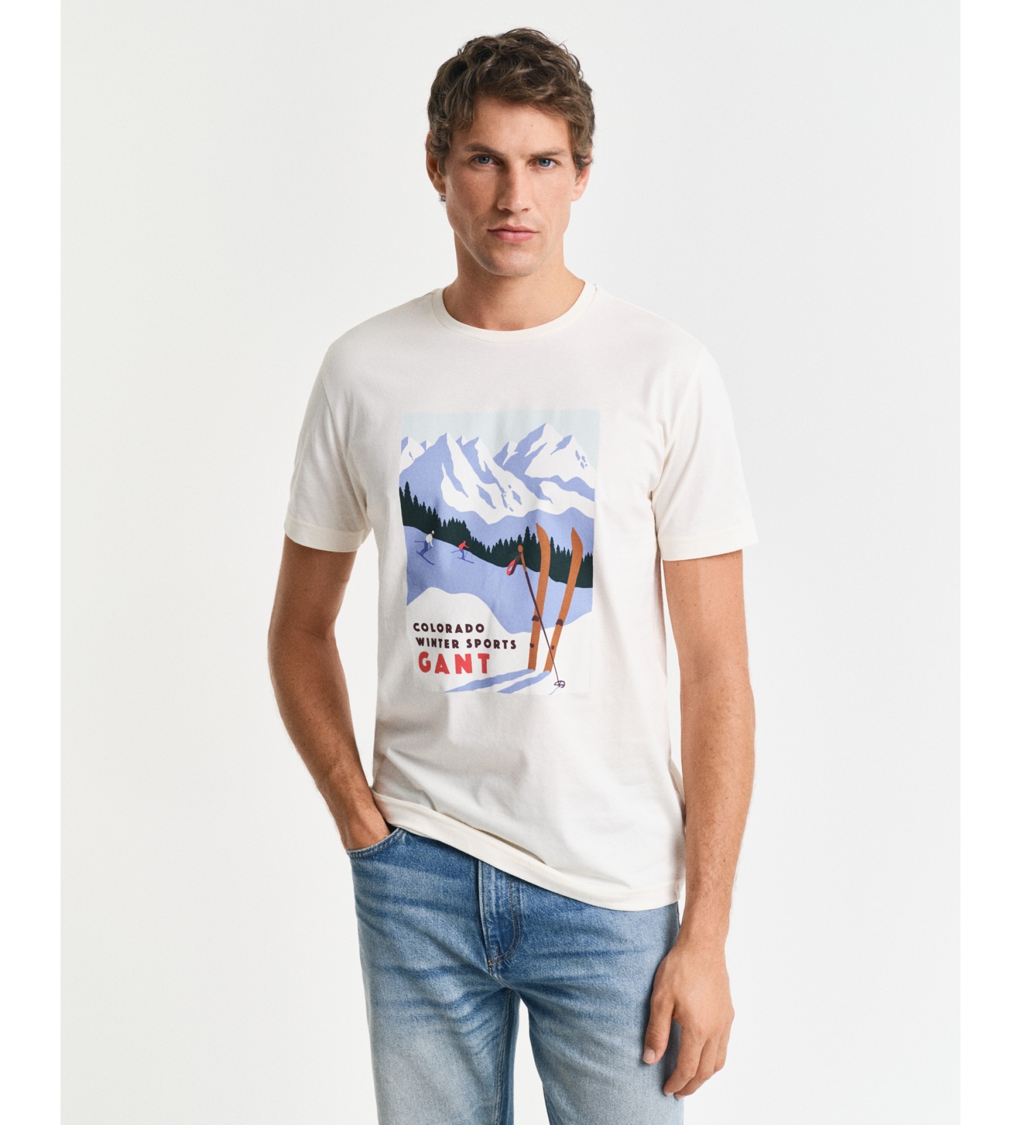 Gant für Herren. 2003291 T-Shirt mit weißem Wintersportmotiv (S), Lässig, Baumwolle, Kurzarm