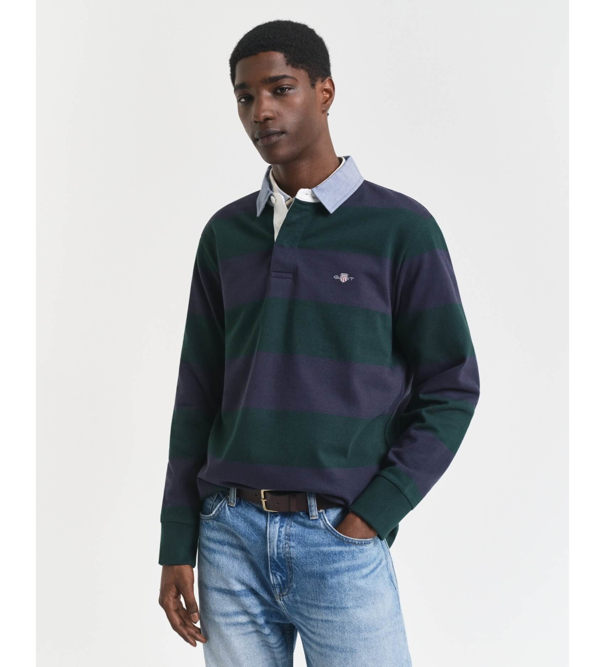 Gant für Herren. 2004083 Poloshirt mit Streifen und Kragen aus Chambray-Stoff (L), Lässig, Grün, Baumwolle, Langarm