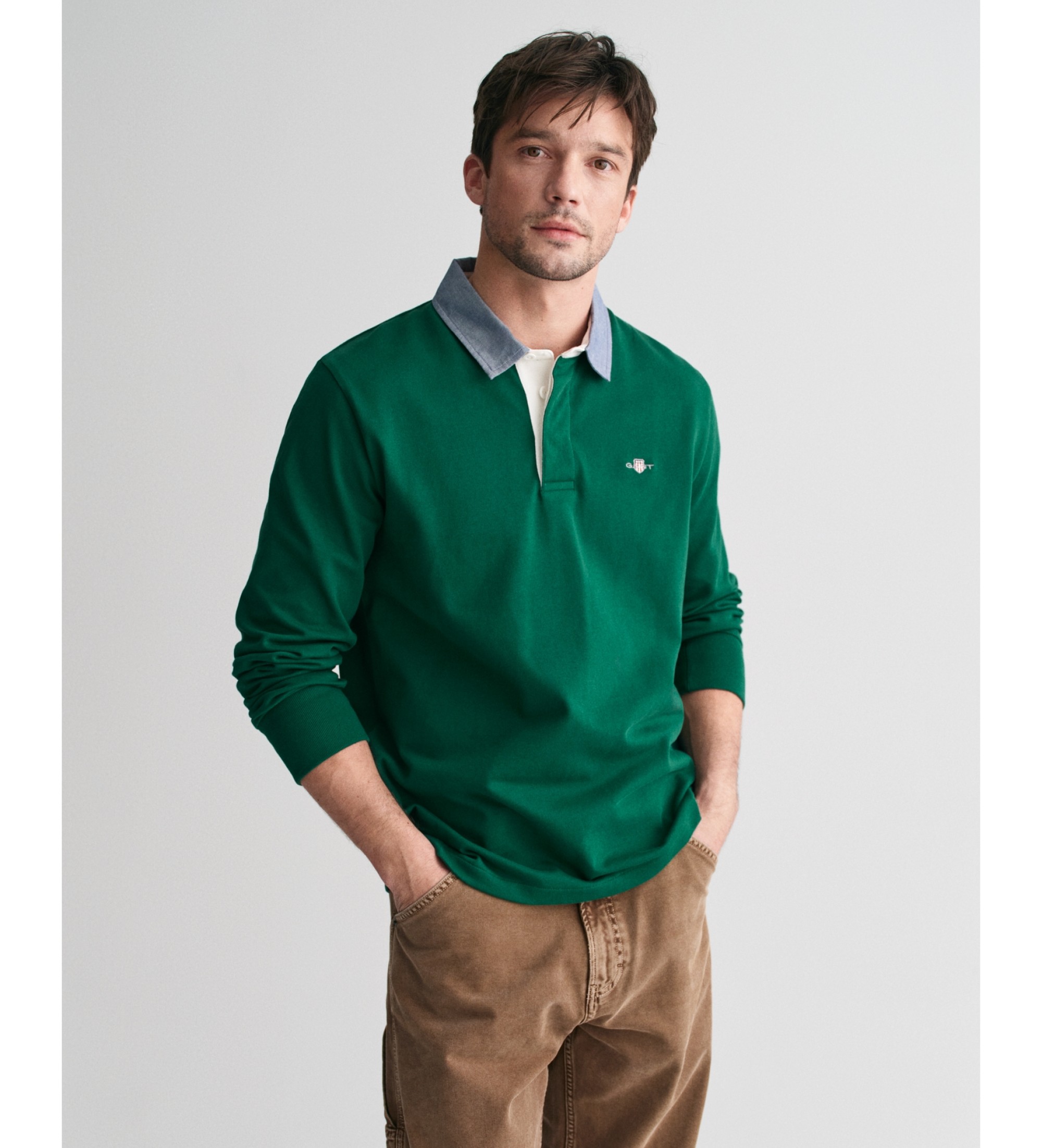 Gant für Herren. 2004082 Grünes Chambray-Poloshirt (L), Lässig, Baumwolle, Langarm