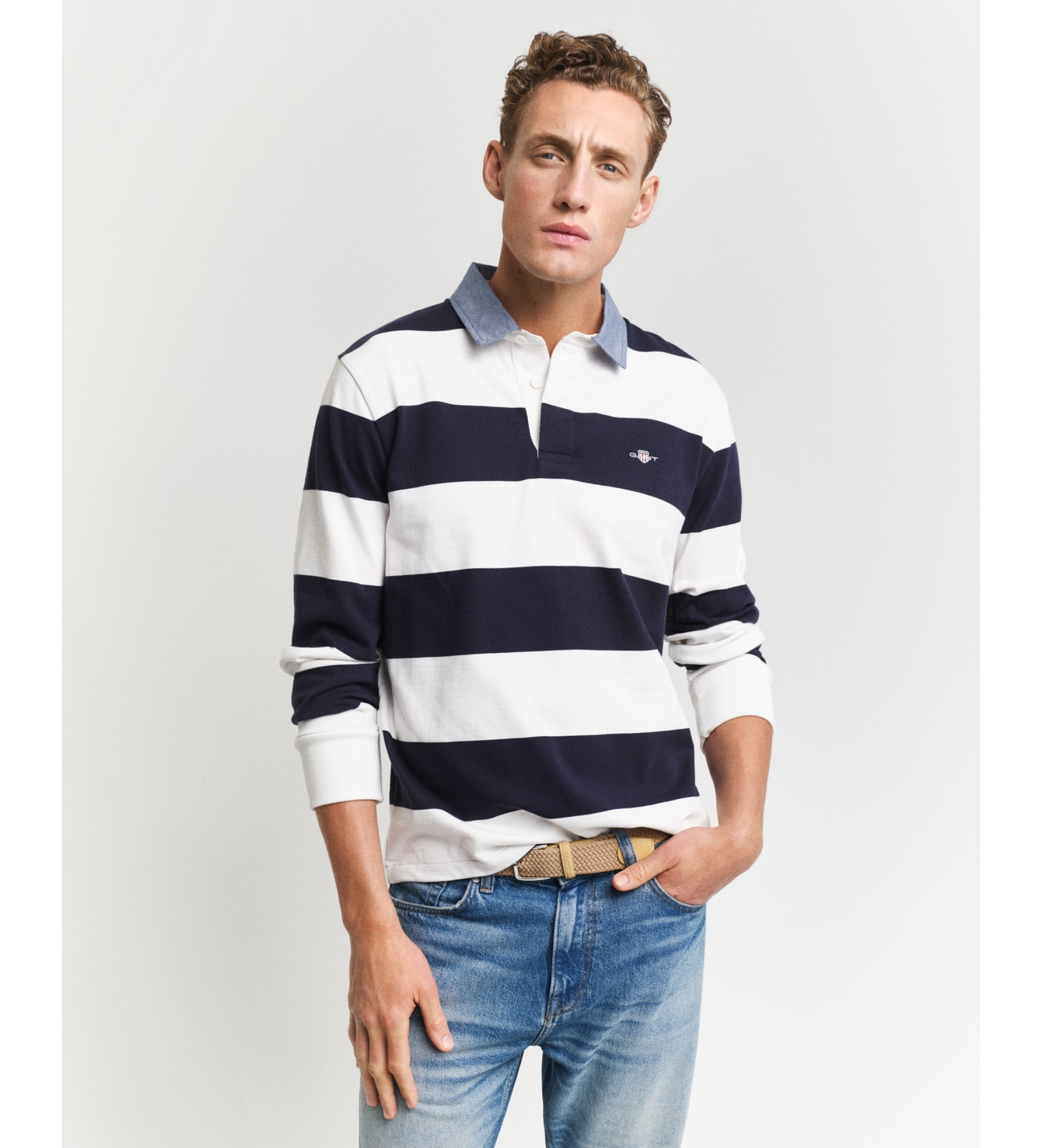 Gant für Herren. 2004083 Polo Heavy Gestreiftes Chambray-Polo Weiß, Navy (M), Lässig, Baumwolle, Langarm, Marine