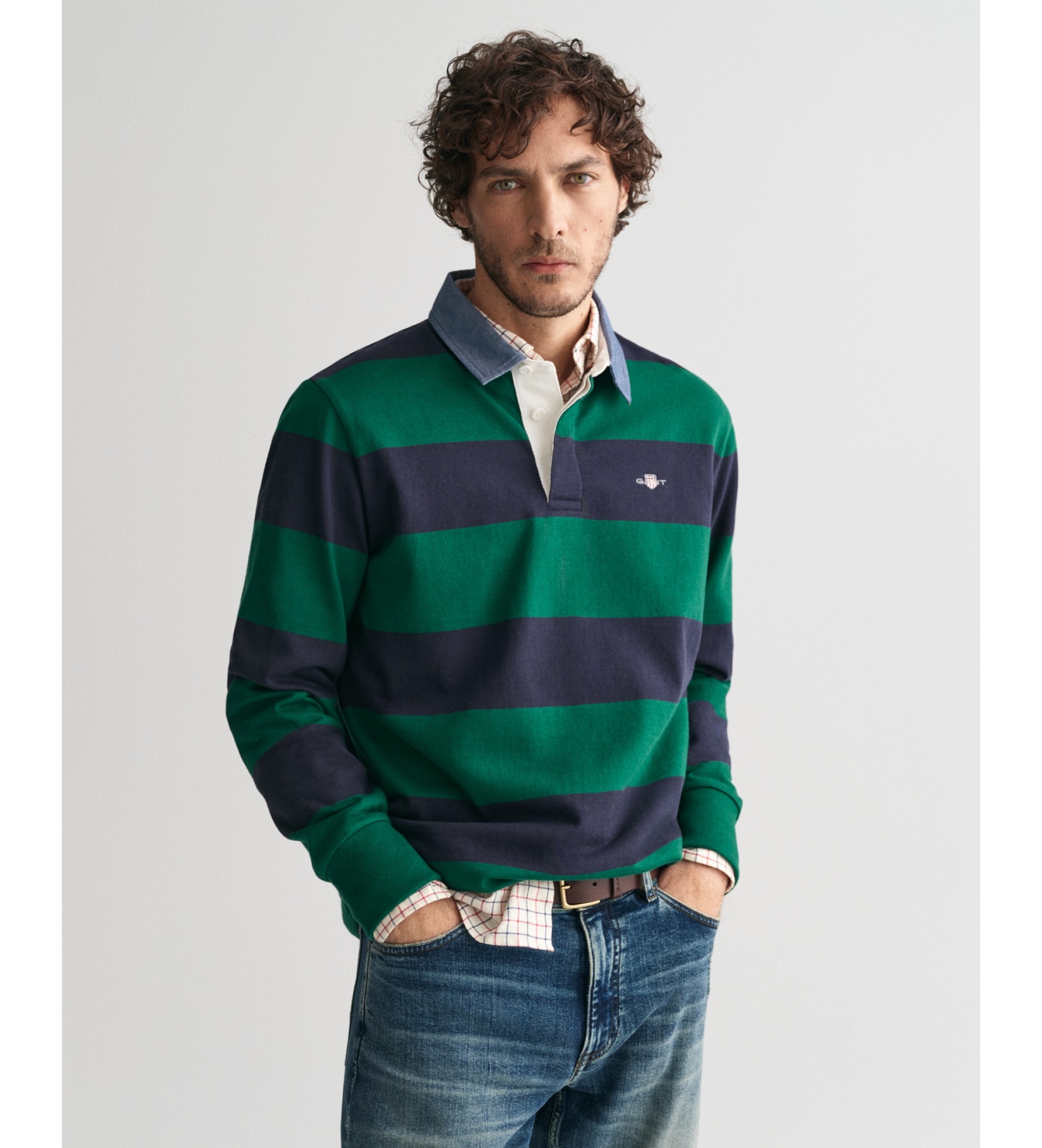 Gant für Herren. 2004083 Grün gestreiftes Poloshirt aus Chambray (XL), Lässig, Baumwolle, Langarm