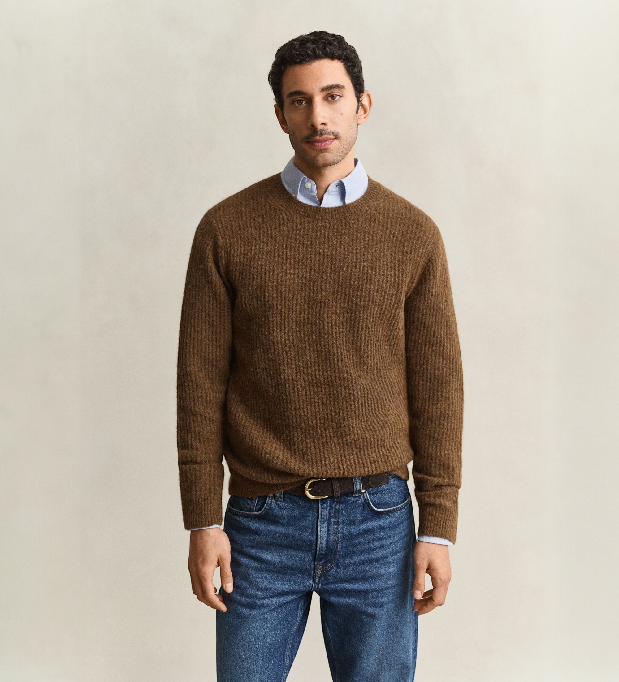 Gantvoor mannen. 8080007 Trui met ronde hals, wolmix met alpaca, bruin (M), Casual, Klassiek, Lange mouwen
