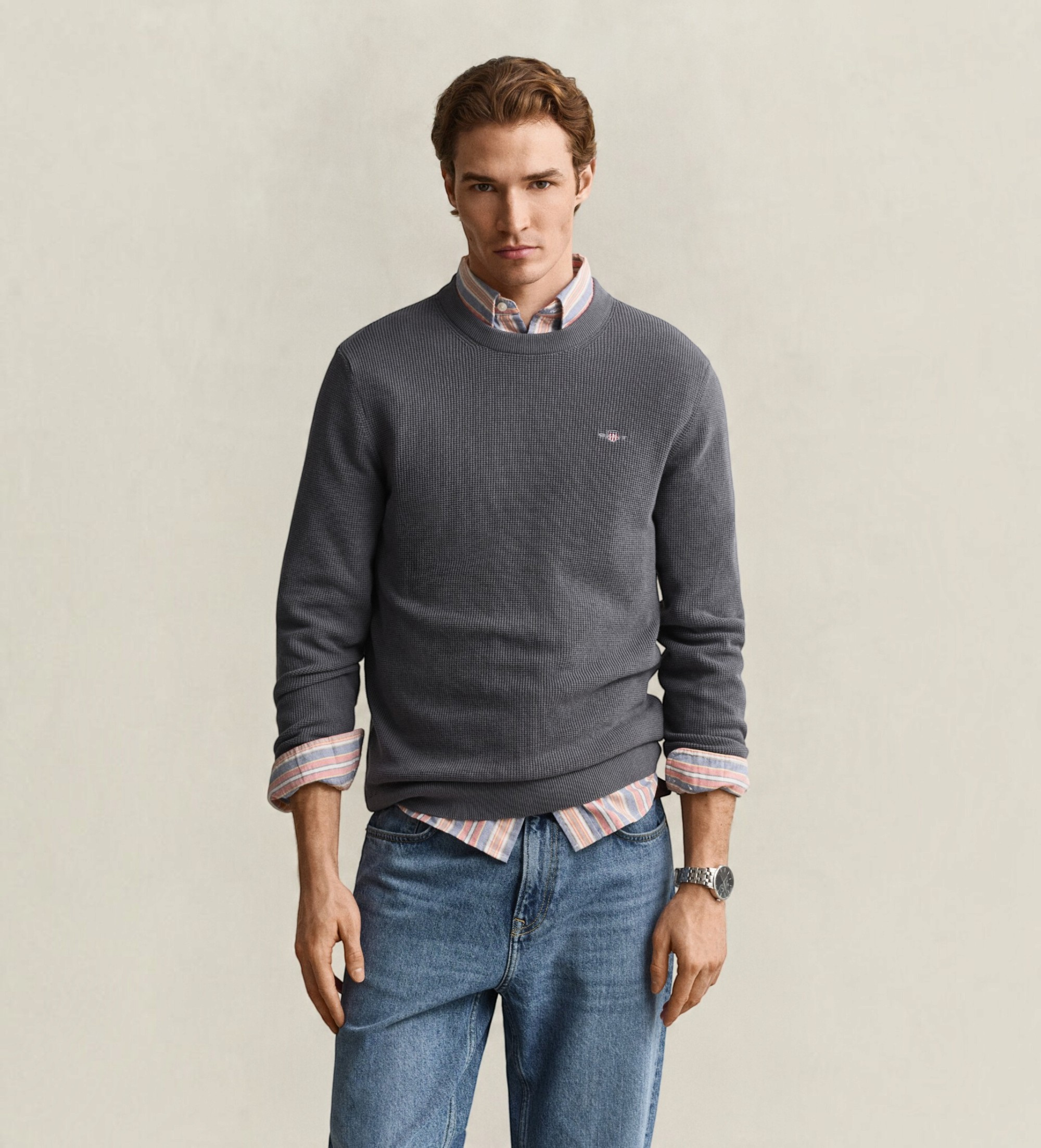 Gantvoor mannen. 8030291 Katoenen trui met ronde hals Textured grijs (3XL), Casual, Biologisch katoen