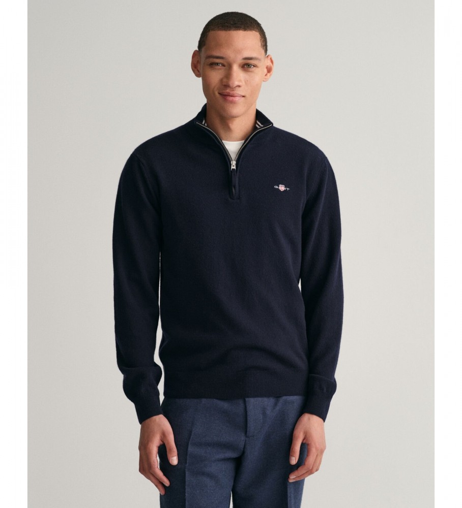 Gant für Herren. 87213 Sehr feiner Pullover aus Schafwolle mit marinefarbenem Halbreißverschluss (L), Lässig, Klassisch