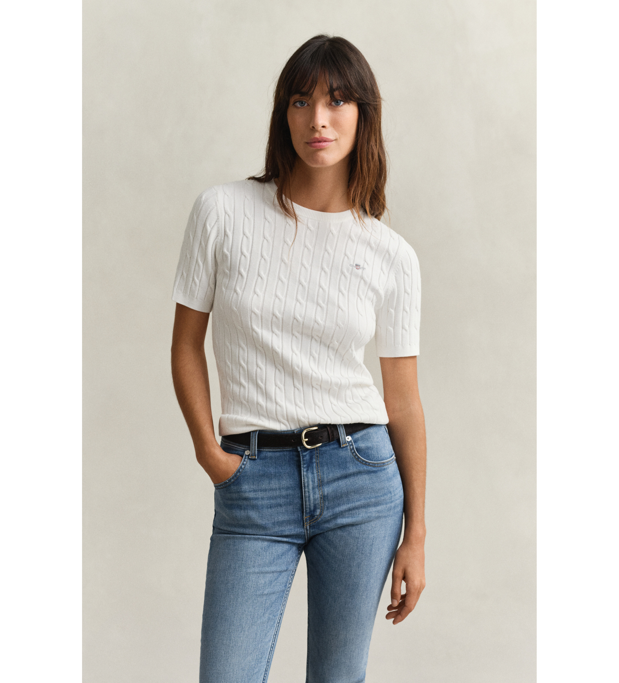 Gant für Damen. 4800105 Weißer Pullover aus elastischer Baumwolle mit Acht-Maschen-Strickmuster (S), Lässig, Klassisch, Kurzarm