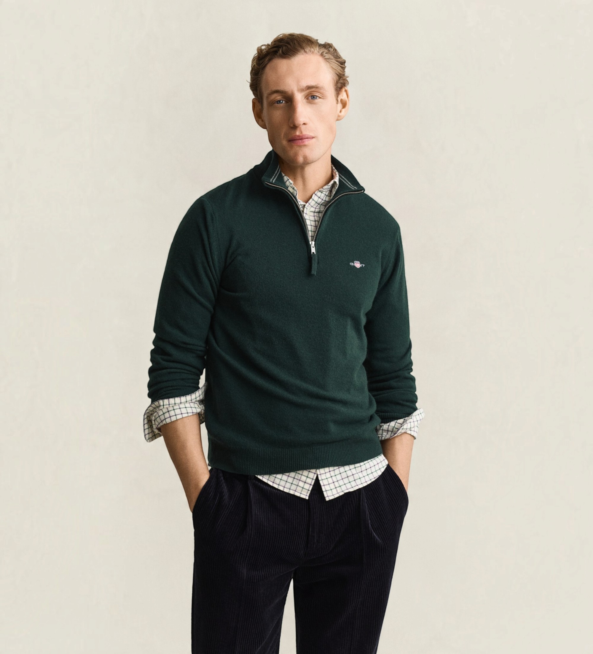 Gantvoor mannen. 87313 Trui van schapenwol met groene halve rits (XL), Casual