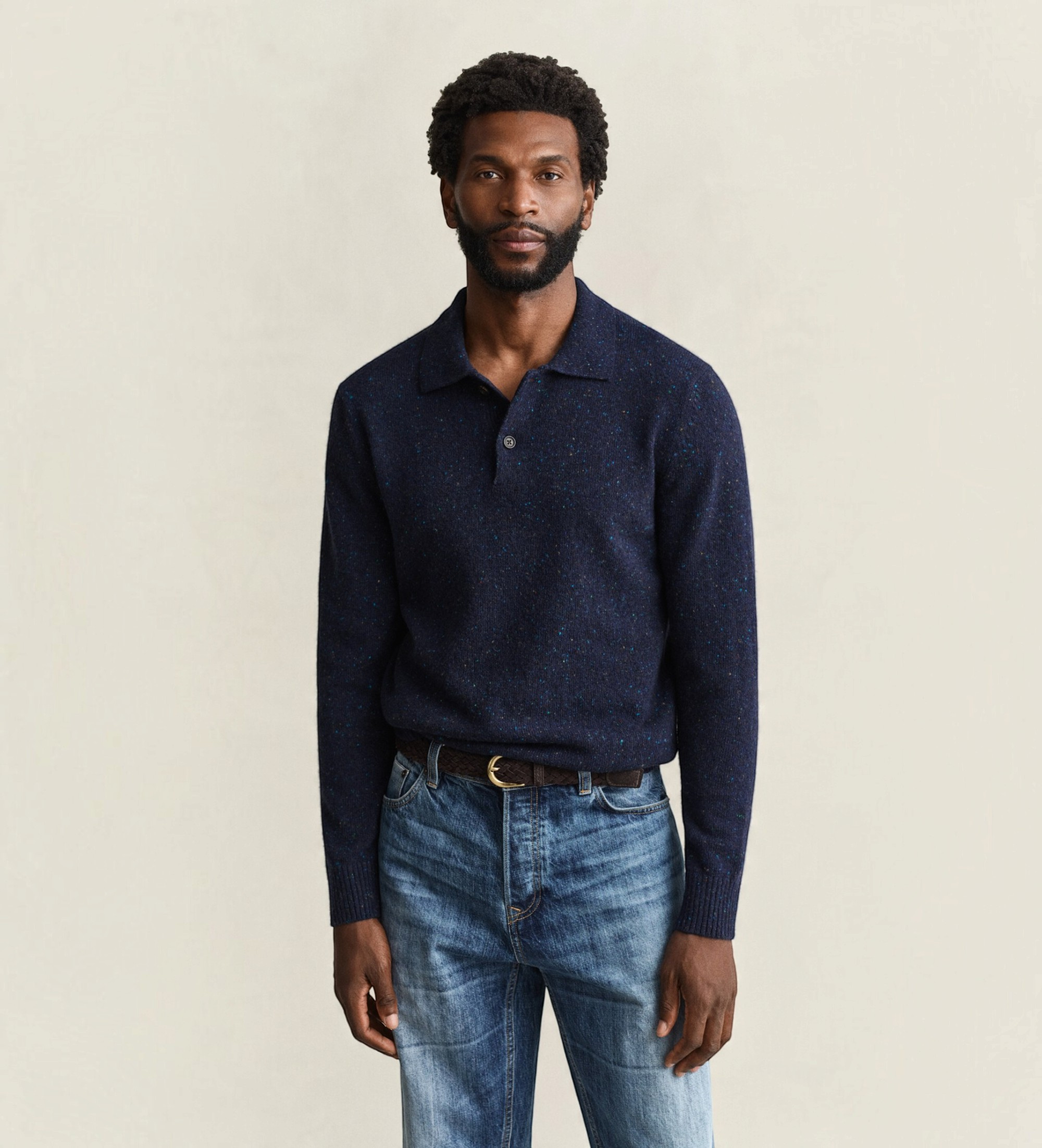 Gantvoor mannen. 8040263 Poloshirt van wolmix met noppen, marineblauw (3XL), Casual, Lange mouwen, Gerecyclede Wol