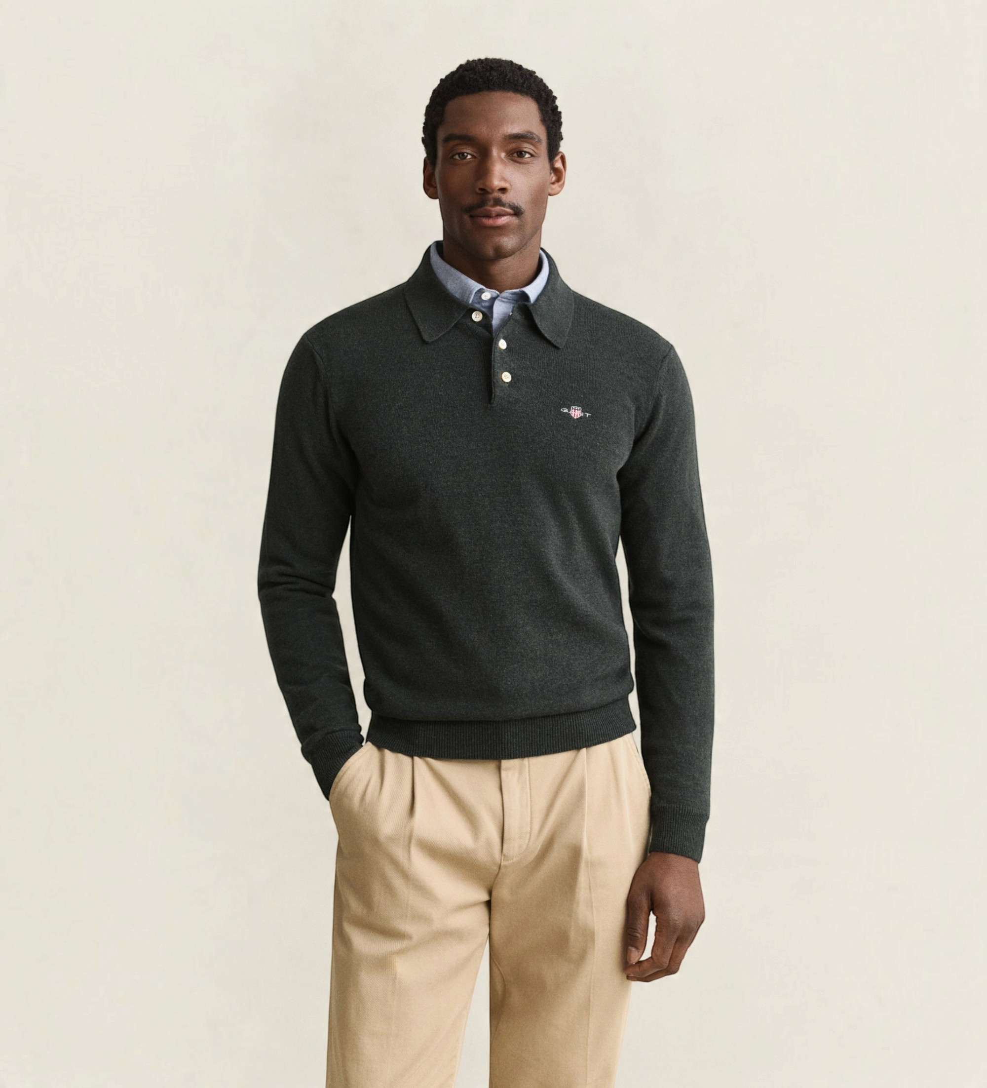 Gantvoor mannen. 8060109 Groene poloshirt van wol (M), Casual, Lange mouwen