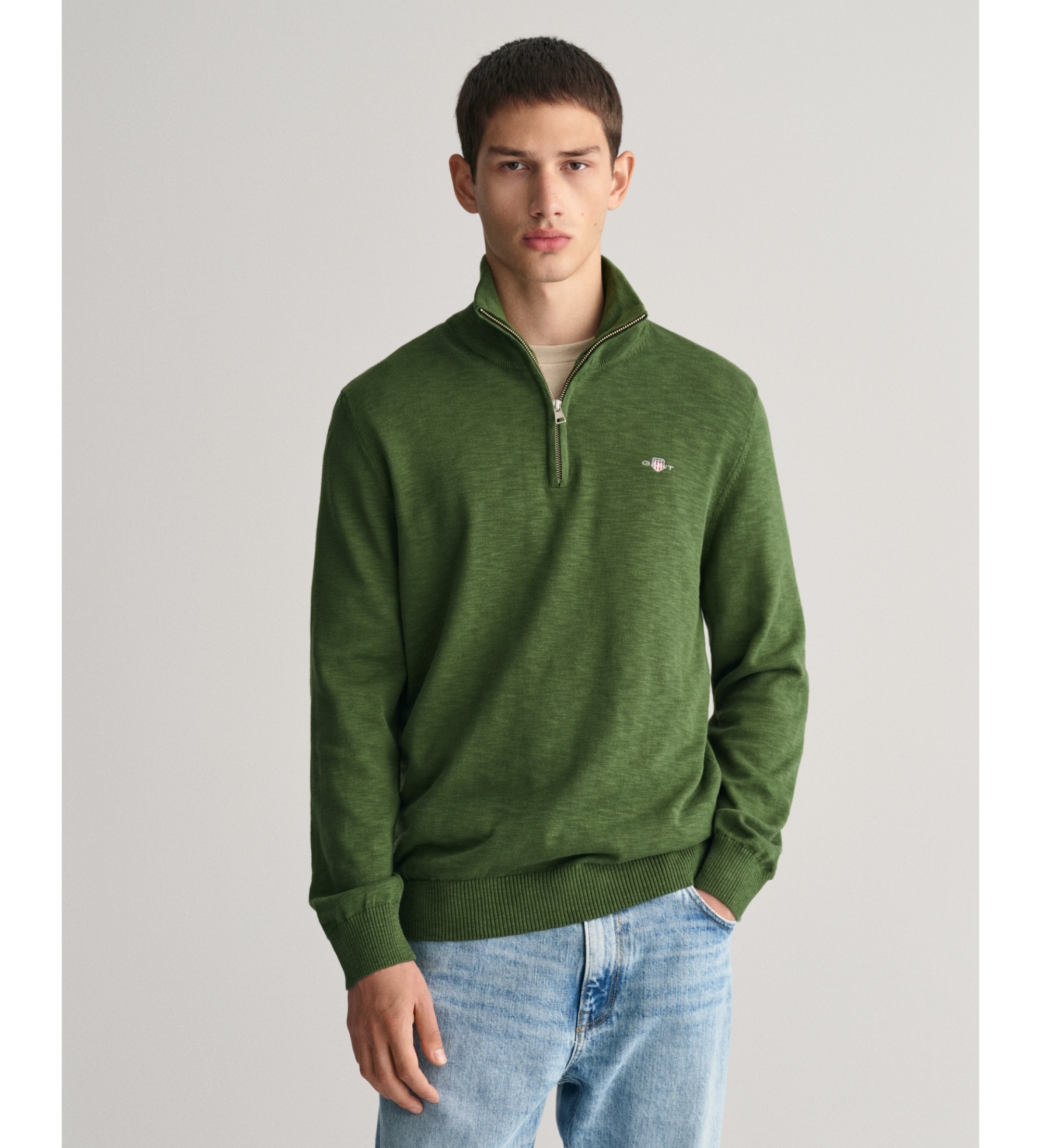Gant für Herren. 8030195 Pullover mit halbem Reißverschluss Flamme grün (M), Lässig, Baumwolle