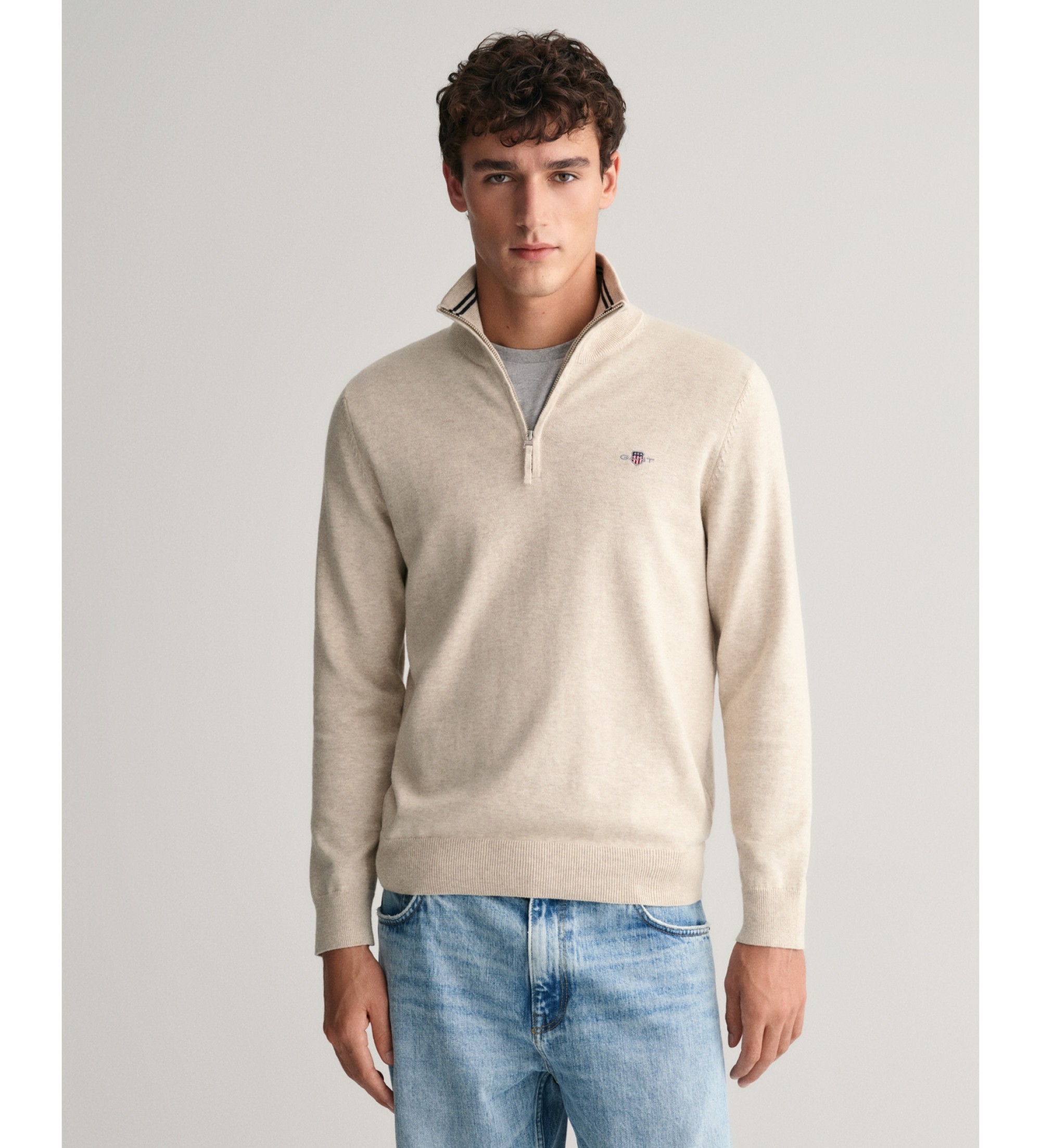 Gant für Herren. 8030564 Klassischer Baumwollpulli mit beigem Halbreißverschluss (XXL), Lässig, Baumwolle