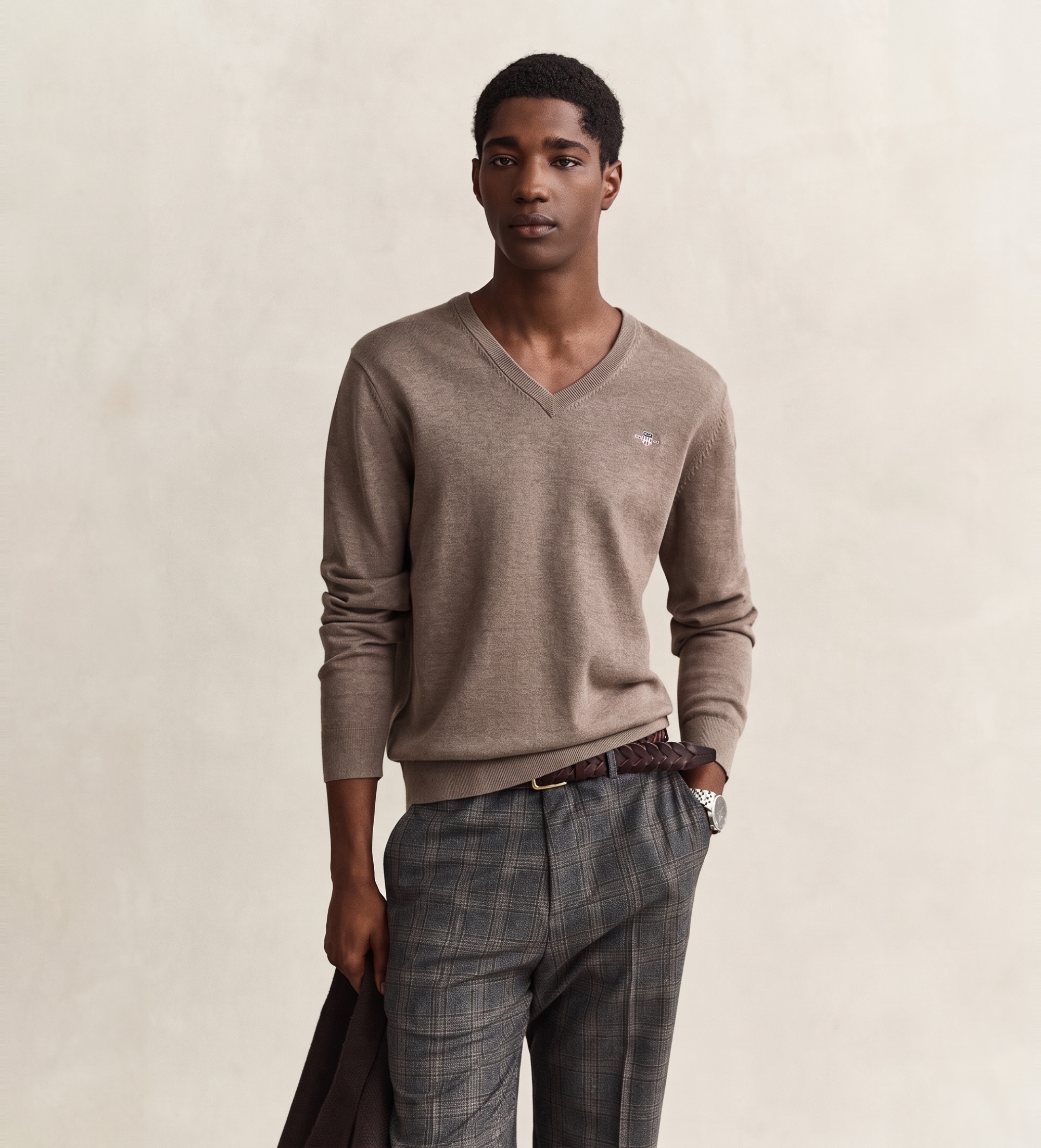 Gantvoor mannen. 8030762 Katoenen trui met V-hals in taupe (M), Bruin, Casual