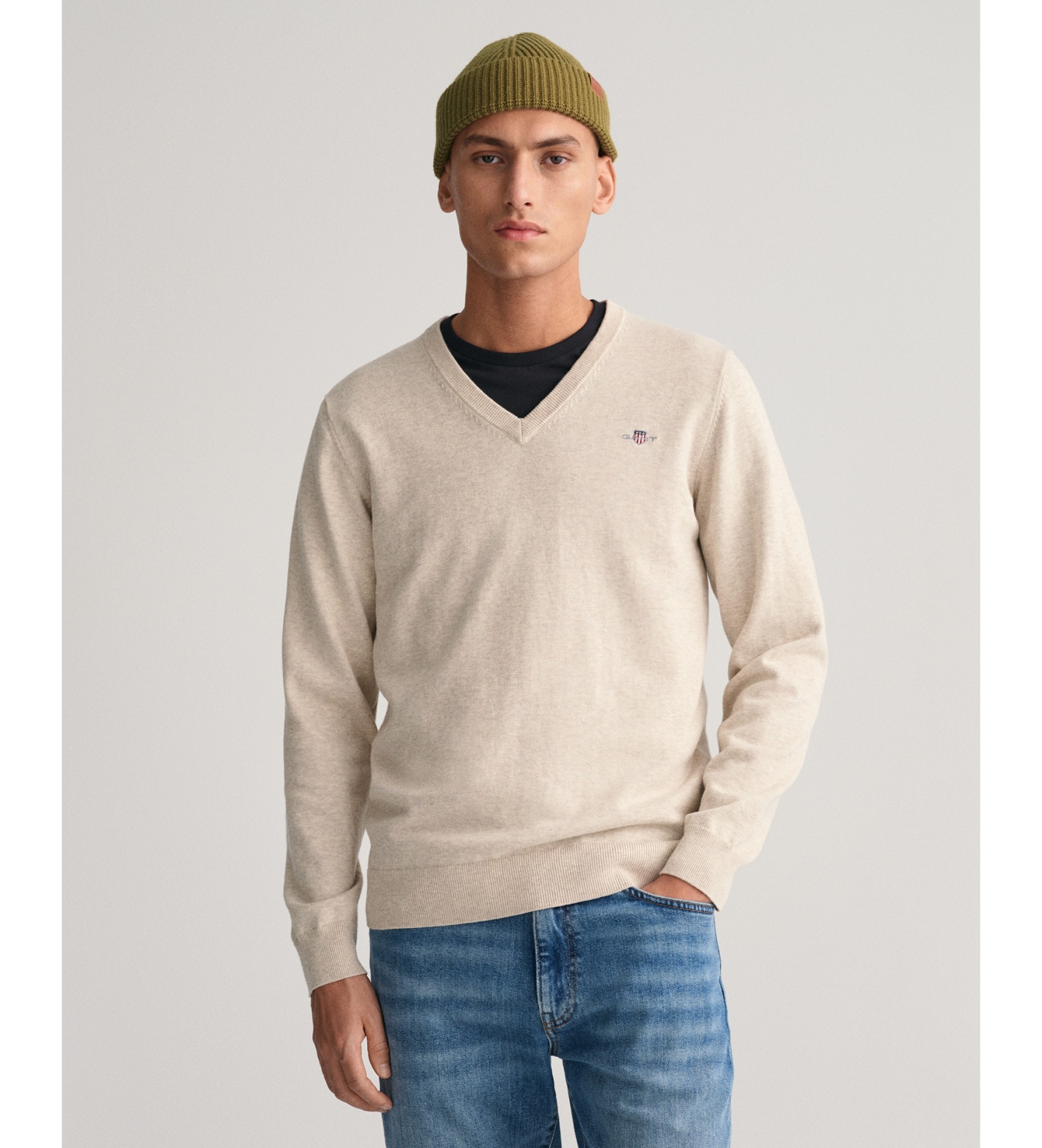 Gant für Herren. 8030562 Klassischer beiger V-Ausschnitt-Pullover aus Baumwolle (S), Lässig, Langarm