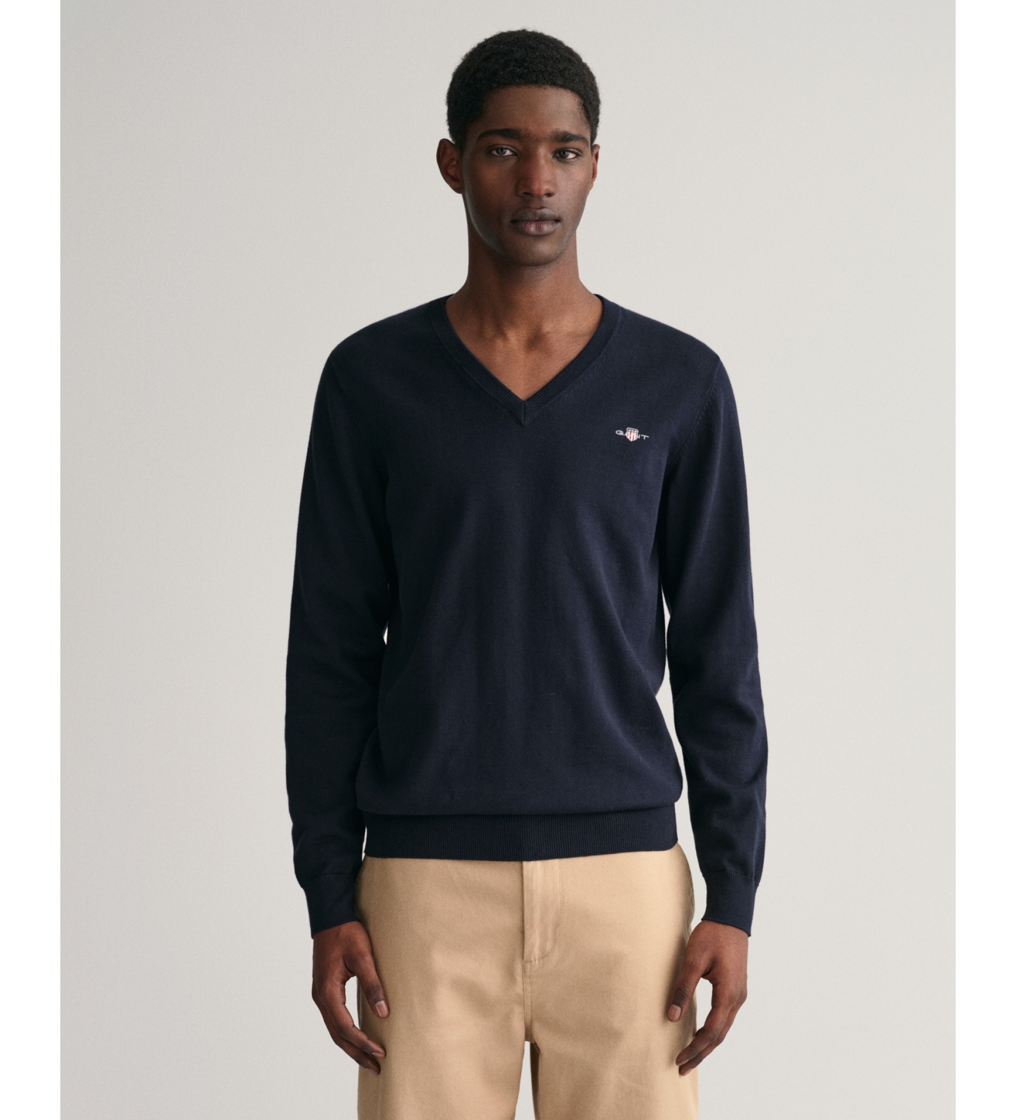 Gant für Herren. 8030562 Pullover mit V-Ausschnitt aus klassischer navyfarbener Baumwolle (5XL), Lässig, Langarm, Marine
