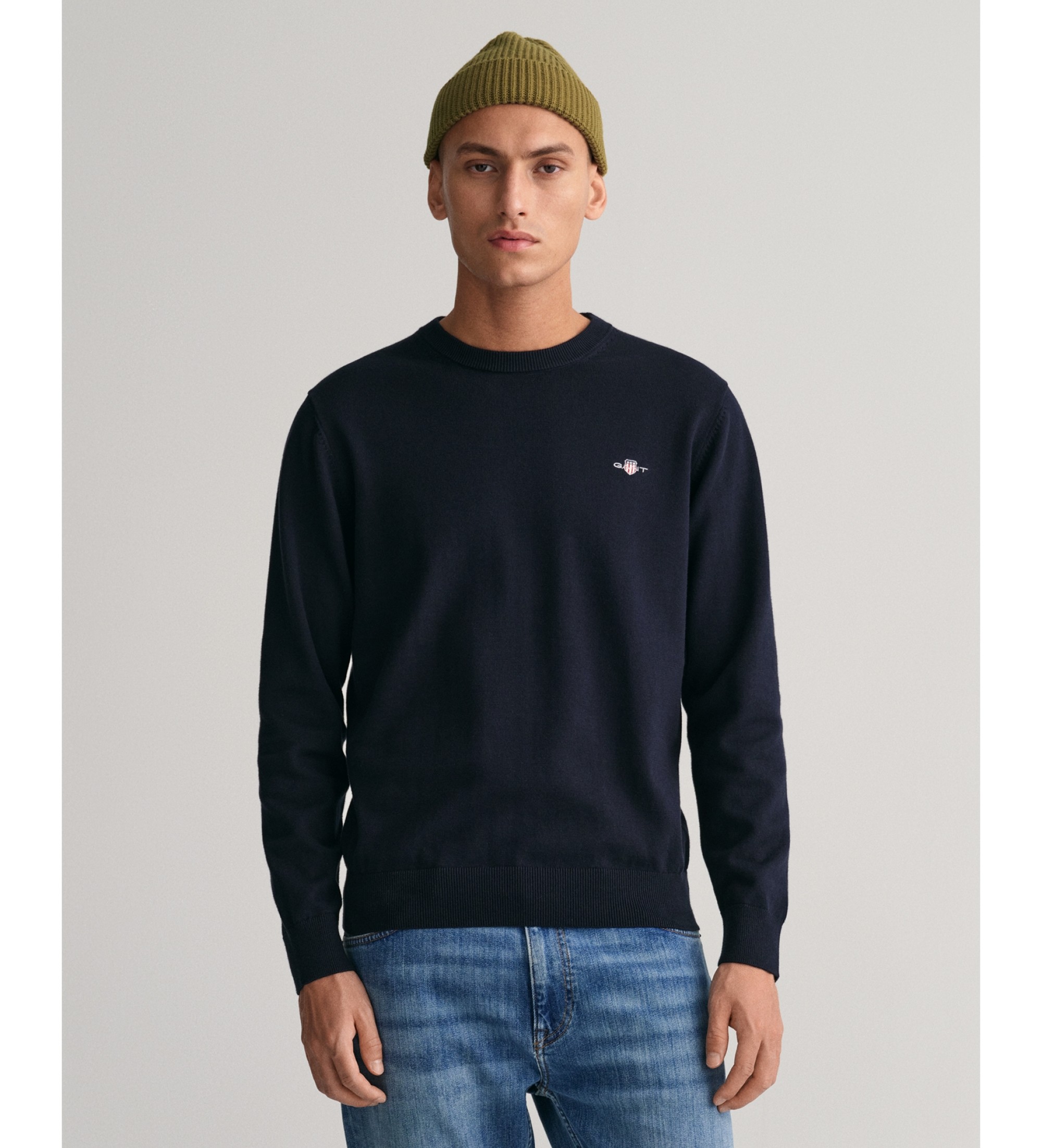 Gant für Herren. 8030561 Klassischer marineblauer Pullover mit Rundhalsausschnitt (4XL), Lässig, Baumwolle, Langarm