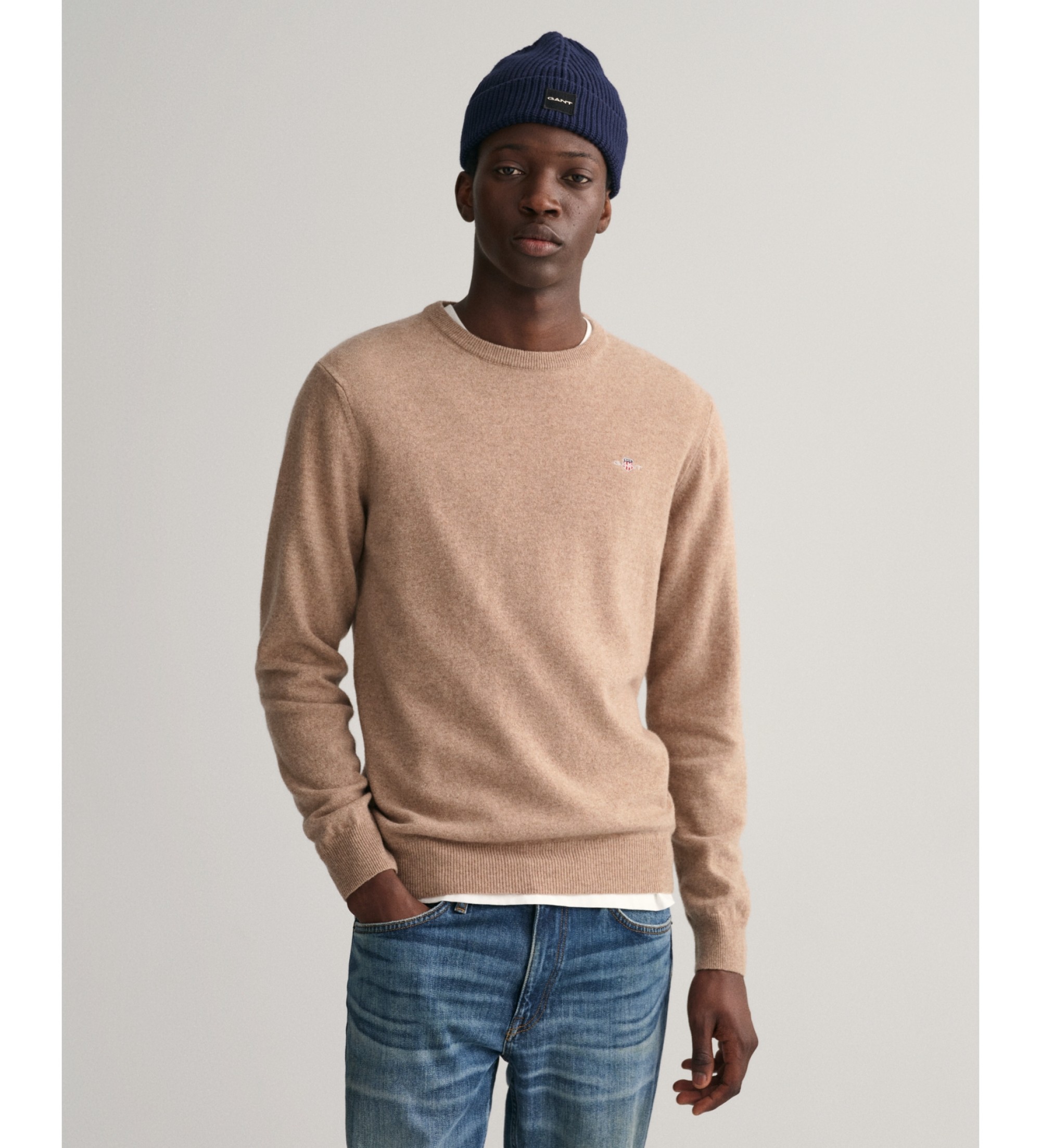 Gant für Herren. 87211 Pullover mit Rundhalsausschnitt aus feiner brauner Wolle (3XL), Lässig, Langarm