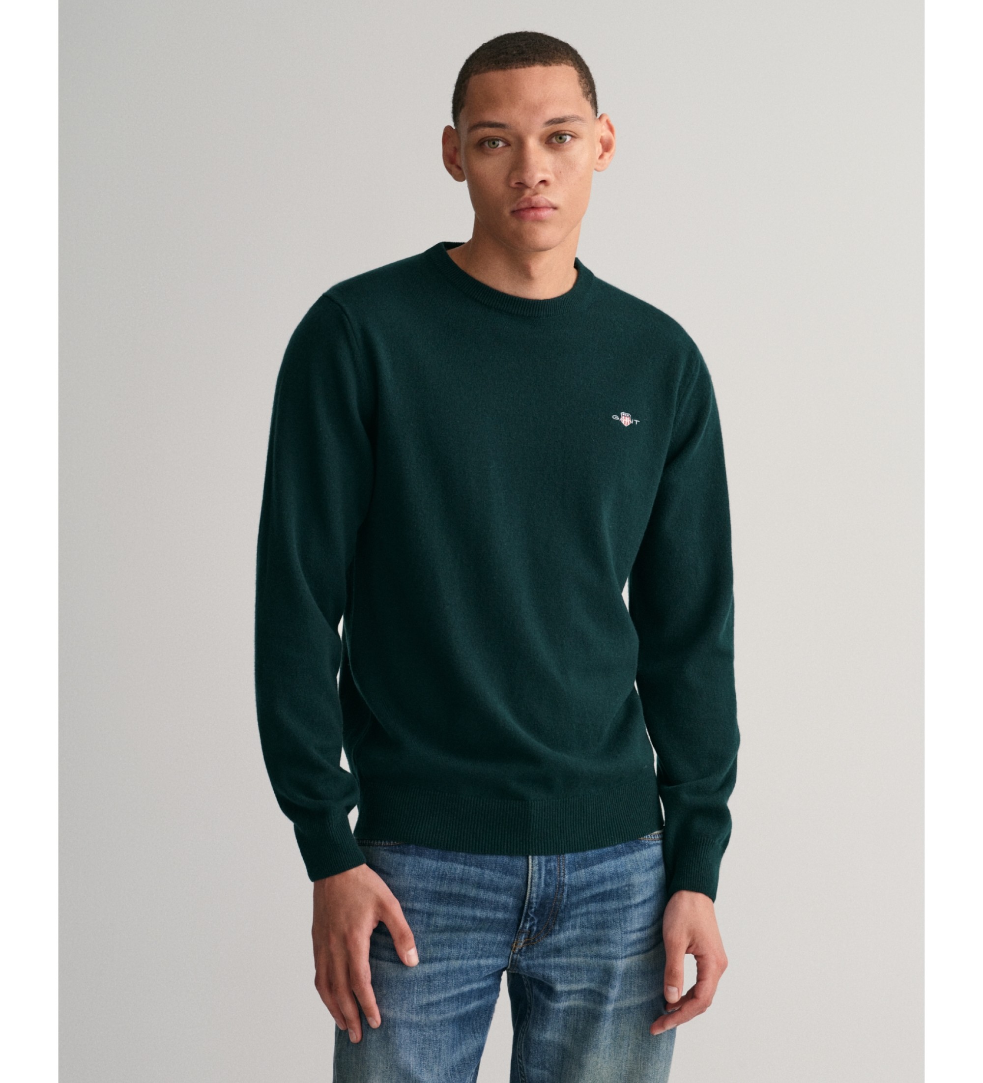 Gant für Herren. 87211 Pullover mit Rundhalsausschnitt aus sehr feiner grüner Schafwolle (S), Lässig, Marine