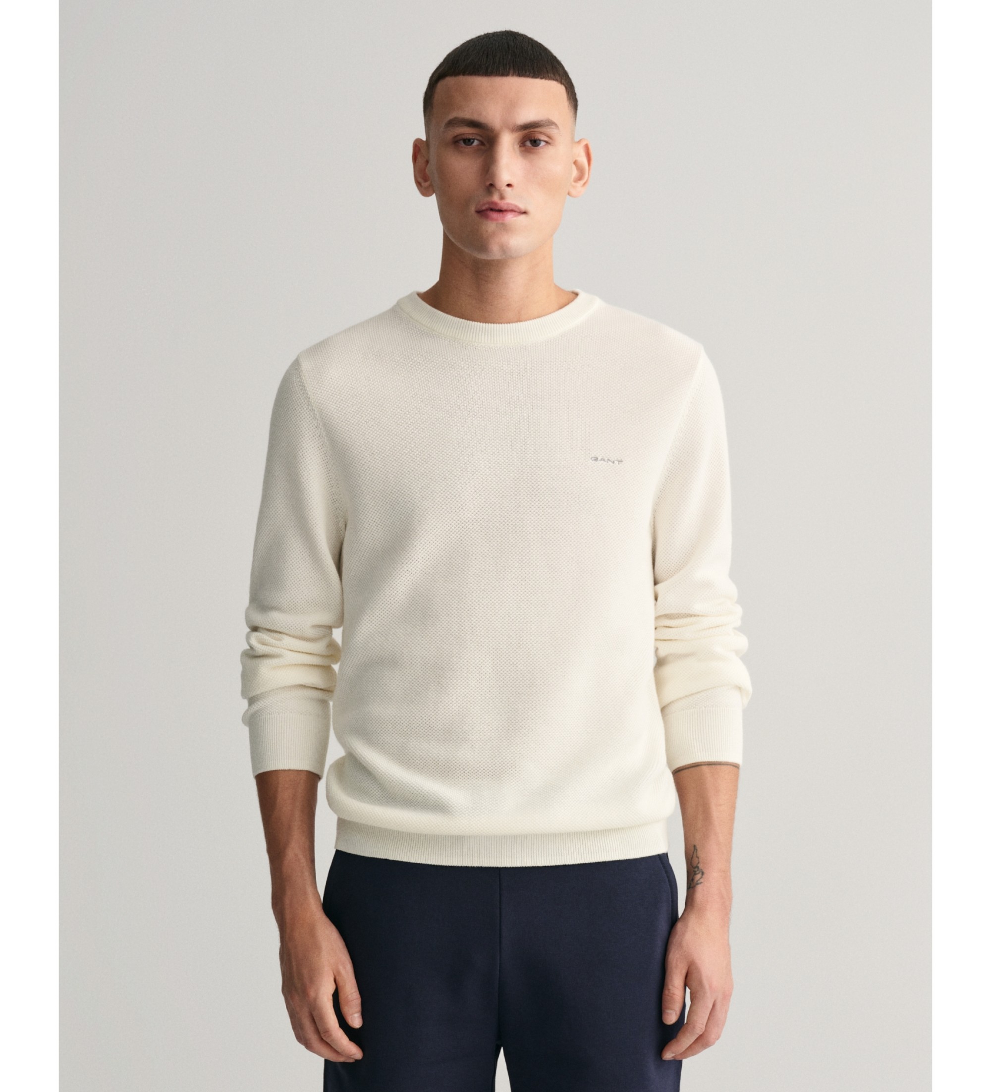 Gant für Herren. 8040521 Rundhals-Pullover aus cremefarbenem Baumwollpiqué (XL), Weiß, Lässig, Baumwolle, Langarm