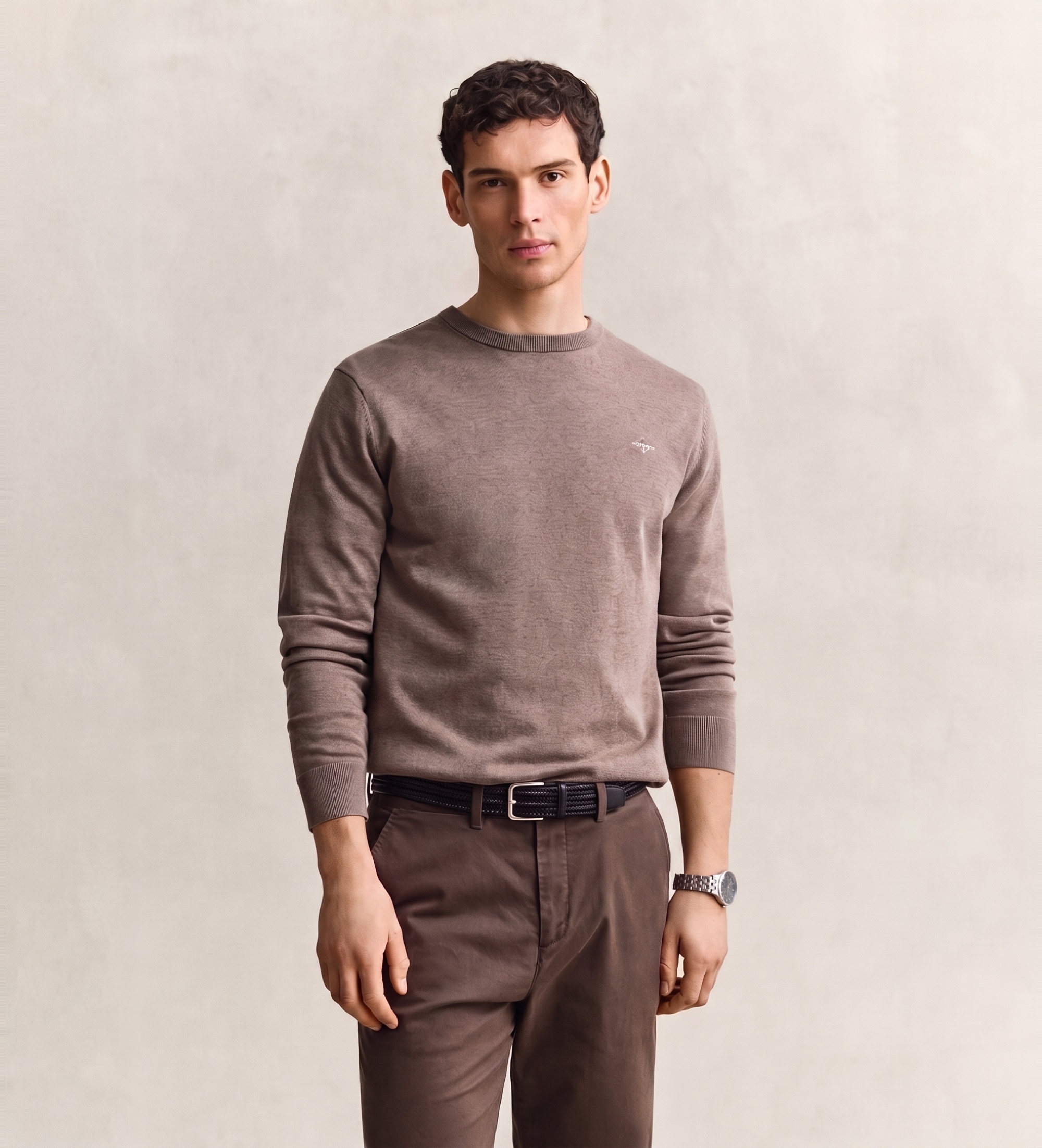 Gantvoor mannen. 8030761 Bruine trui met ronde hals (M), Casual, Katoen